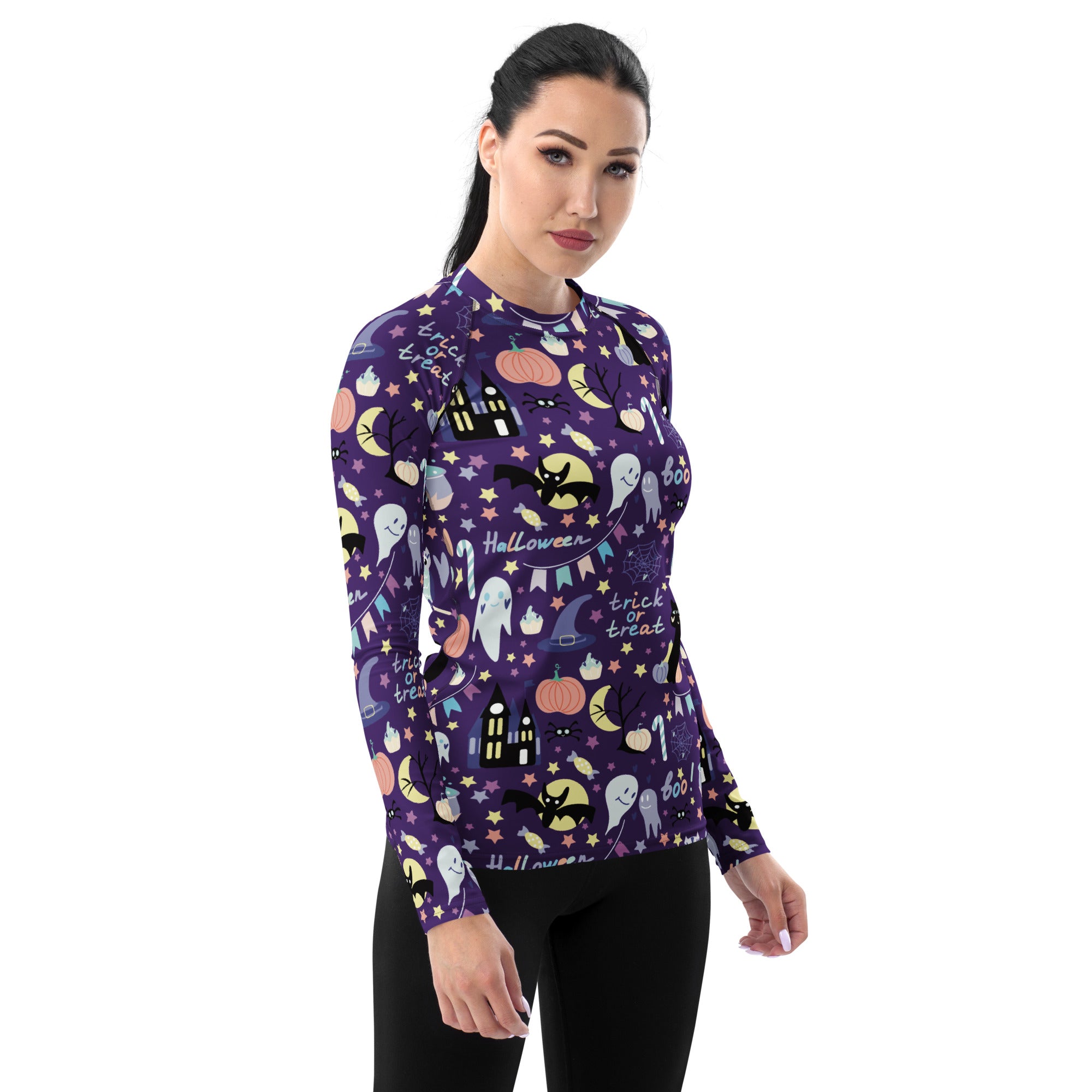 Women's Spooky Halloween Long Sleeve Rash Guard Swim Shirt – Buttery Soft, Sun Safe UPF 50+ Protection, Quick Dry & 4-Way Stretch Comfort