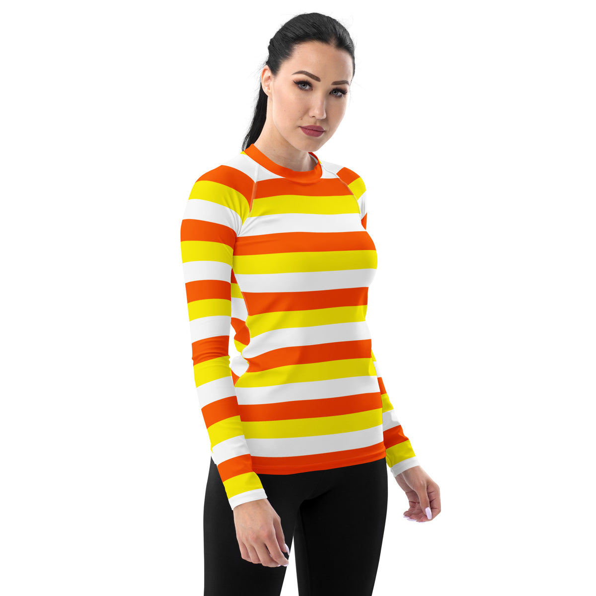 Women's Candy Corn Stripe Long Sleeve Rash Guard Swim Shirt – Buttery Soft, Sun Safe UPF 50+ Protection, Quick Dry & 4-Way Stretch Comfort