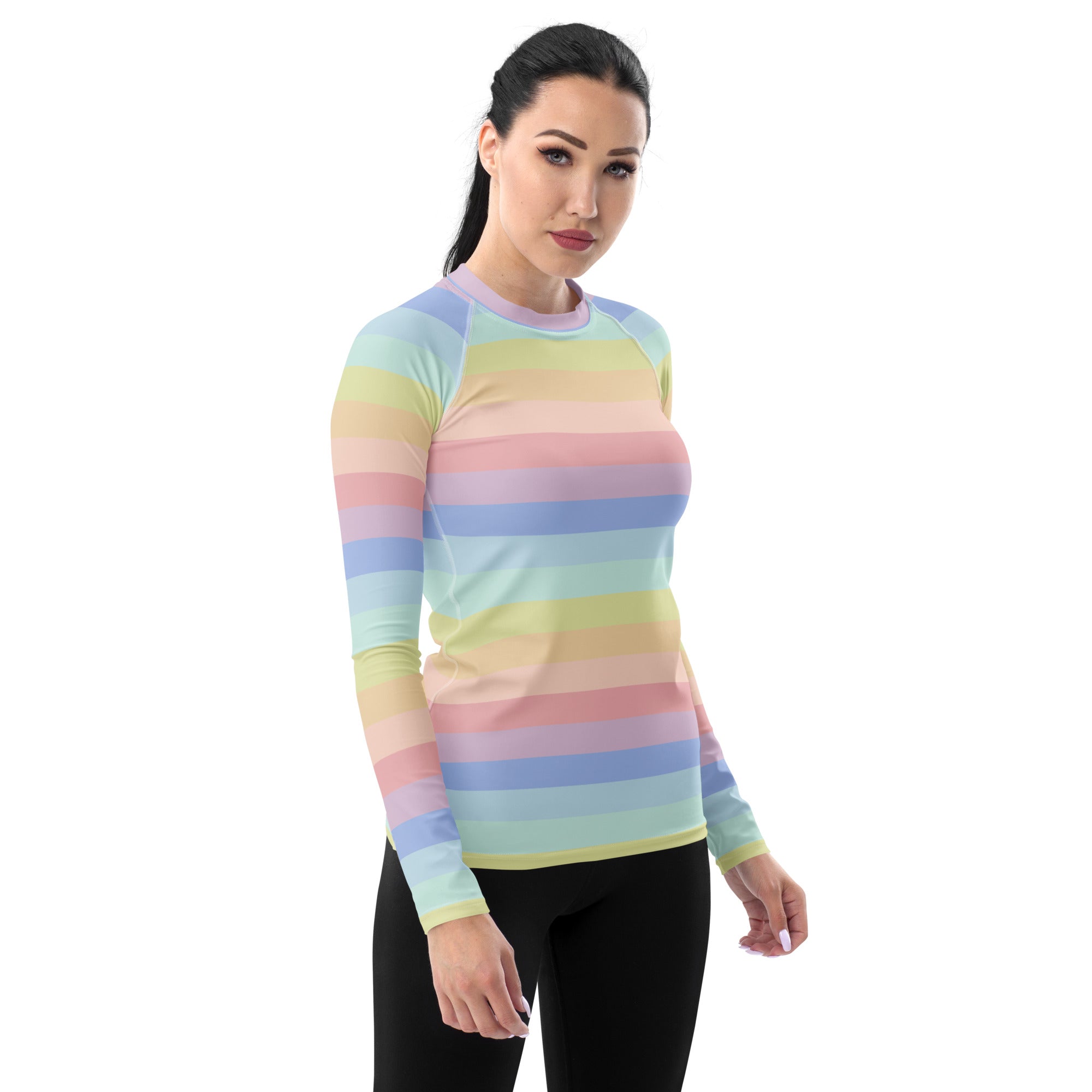 Women's Pastel Rainbow Stripe Long Sleeve Rash Guard Swim Shirt – Buttery Soft, Sun Safe UPF 50+ Protection, Quick Dry & 4-Way Stretch Comfort