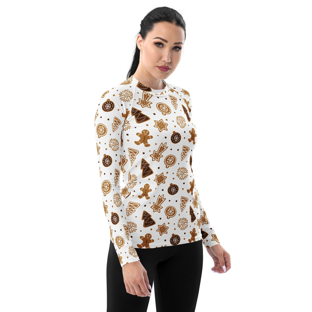 Women's Gingerbread Cookies Christmas Long Sleeve Rash Guard Swim Shirt – Buttery Soft, Sun Safe UPF 50+ Protection, Quick Dry & 4-Way Stretch Comfort
