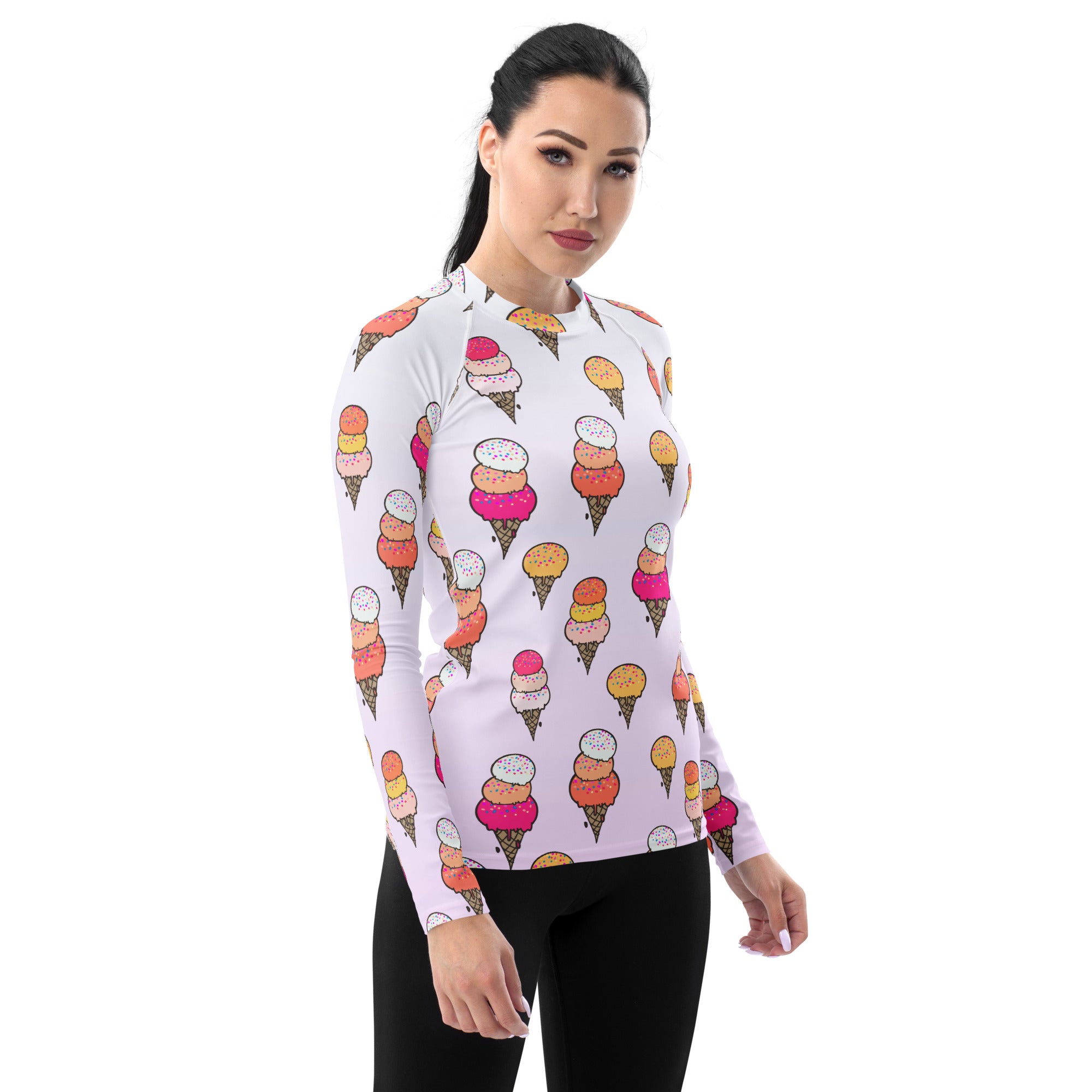 Women's Ice Cream Cone Long Sleeve Rash Guard Swim Shirt – Buttery Soft, Sun Safe UPF 50+ Protection, Quick Dry & 4-Way Stretch Comfort
