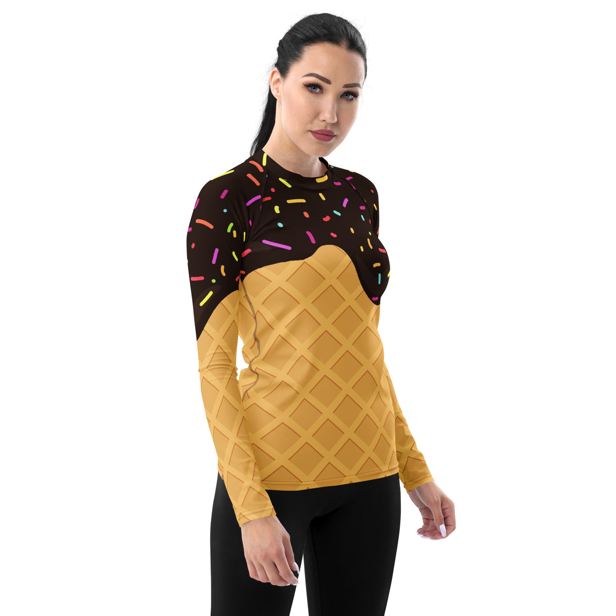 Women's Chocolate Ice Cream Cone Long Sleeve Rash Guard Swim Shirt – Buttery Soft, Sun Safe UPF 50+ Protection, Quick Dry & 4-Way Stretch Comfort