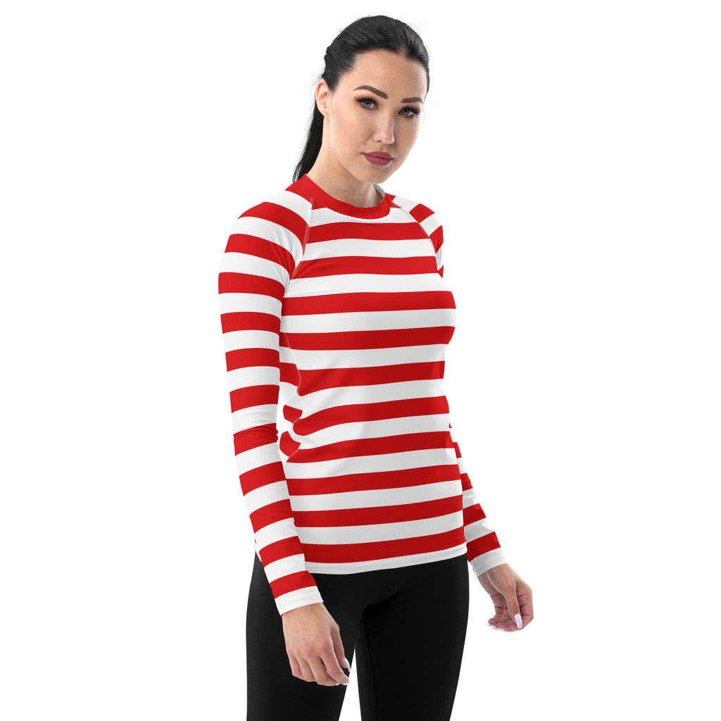 Women's Red & White Striped Long Sleeve Rash Guard Swim Shirt – Buttery Soft, Sun Safe UPF 50+ Protection, Quick Dry & 4-Way Stretch Comfort