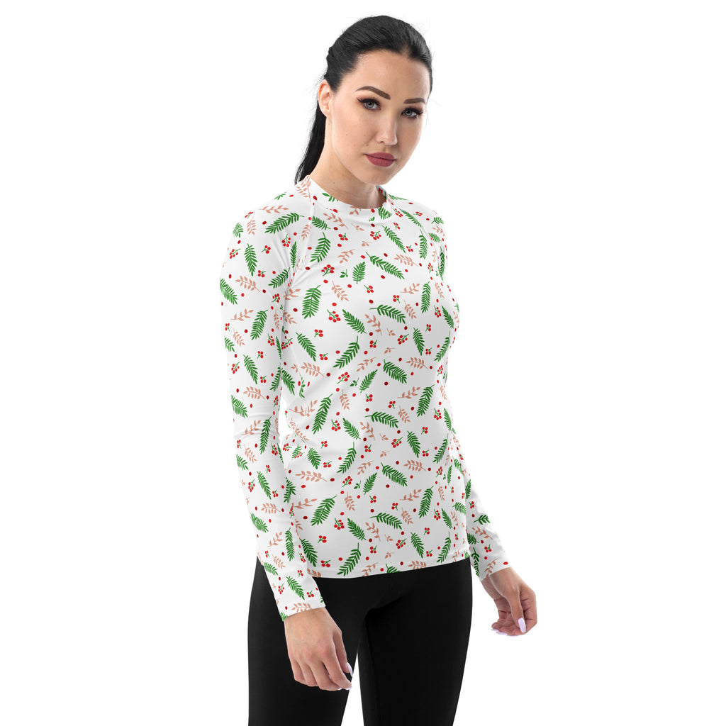 Women's Christmas Holly Berry Long Sleeve Rash Guard Swim Shirt – Buttery Soft, Sun Safe UPF 50+ Protection, Quick Dry & 4-Way Stretch Comfort