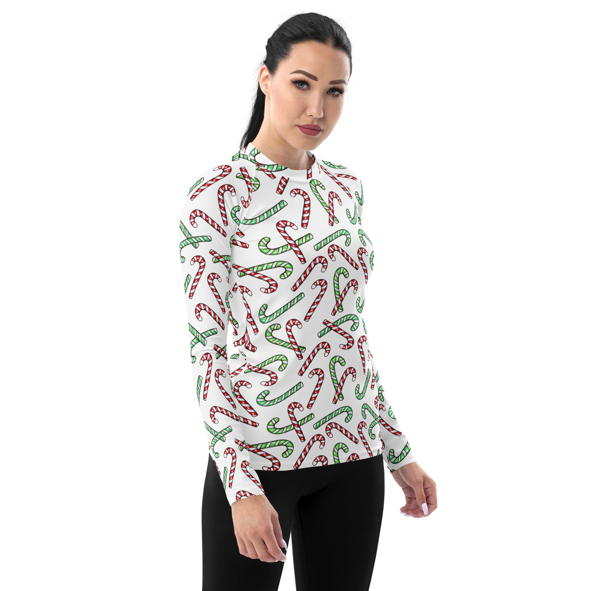 Women's Red & Green Candy Cane Long Sleeve Rash Guard Swim Shirt – Buttery Soft, Sun Safe UPF 50+ Protection, Quick Dry & 4-Way Stretch Comfort