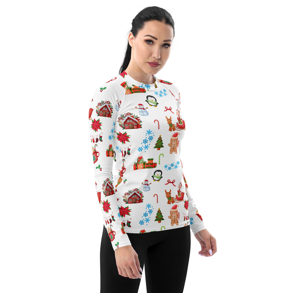 Women's Christmas Themed Long Sleeve Rash Guard Swim Shirt – Buttery Soft, Sun Safe UPF 50+ Protection, Quick Dry & 4-Way Stretch Comfort