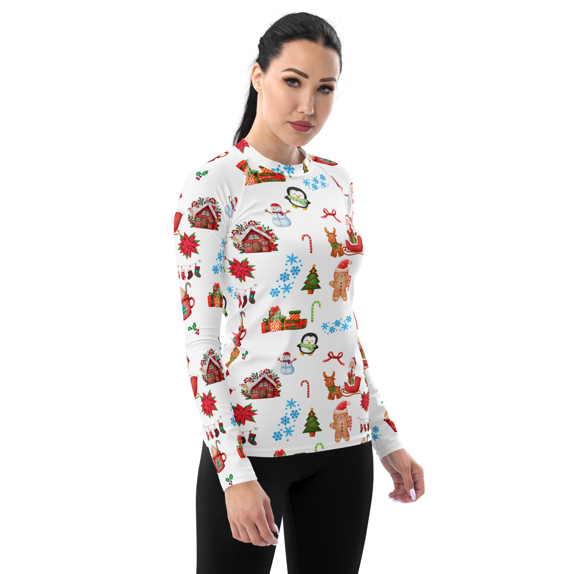 Women's Christmas Themed Long Sleeve Rash Guard Swim Shirt – Buttery Soft, Sun Safe UPF 50+ Protection, Quick Dry & 4-Way Stretch Comfort