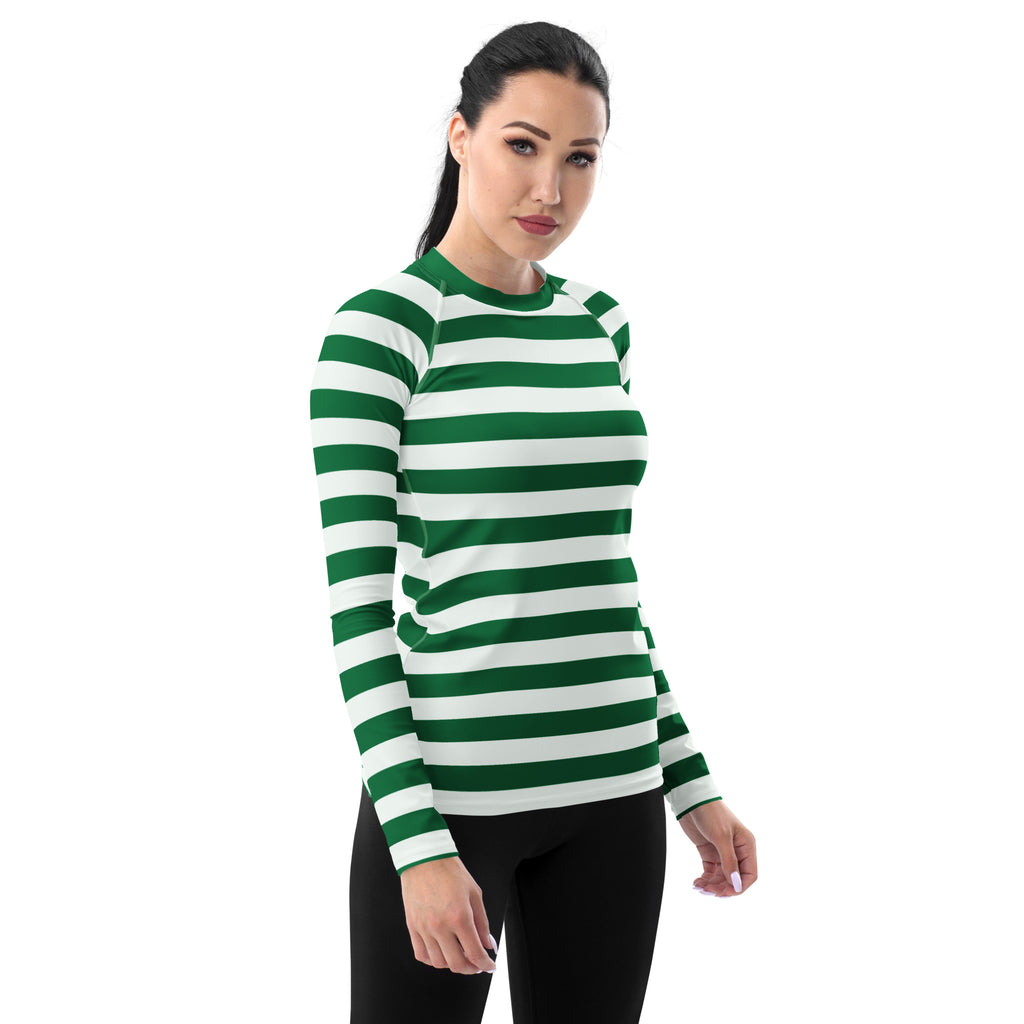 Women's Green & White Striped Long Sleeve Rash Guard Swim Shirt – Buttery Soft, Sun Safe UPF 50+ Protection, Quick Dry & 4-Way Stretch Comfort