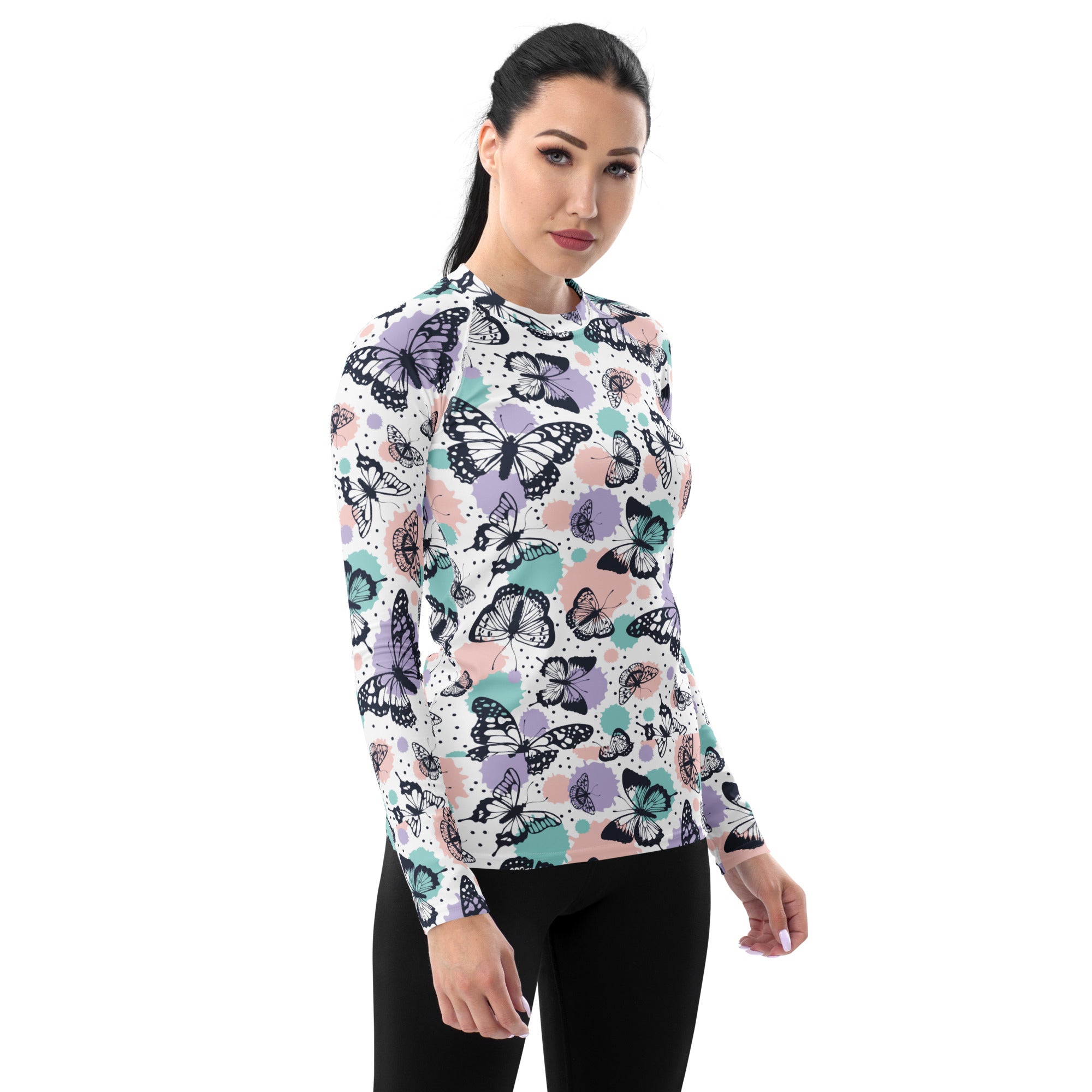 Women's Pastel Butterfly Long Sleeve Rash Guard Swim Shirt – Buttery Soft, Sun Safe UPF 50+ Protection, Quick Dry & 4-Way Stretch Comfort
