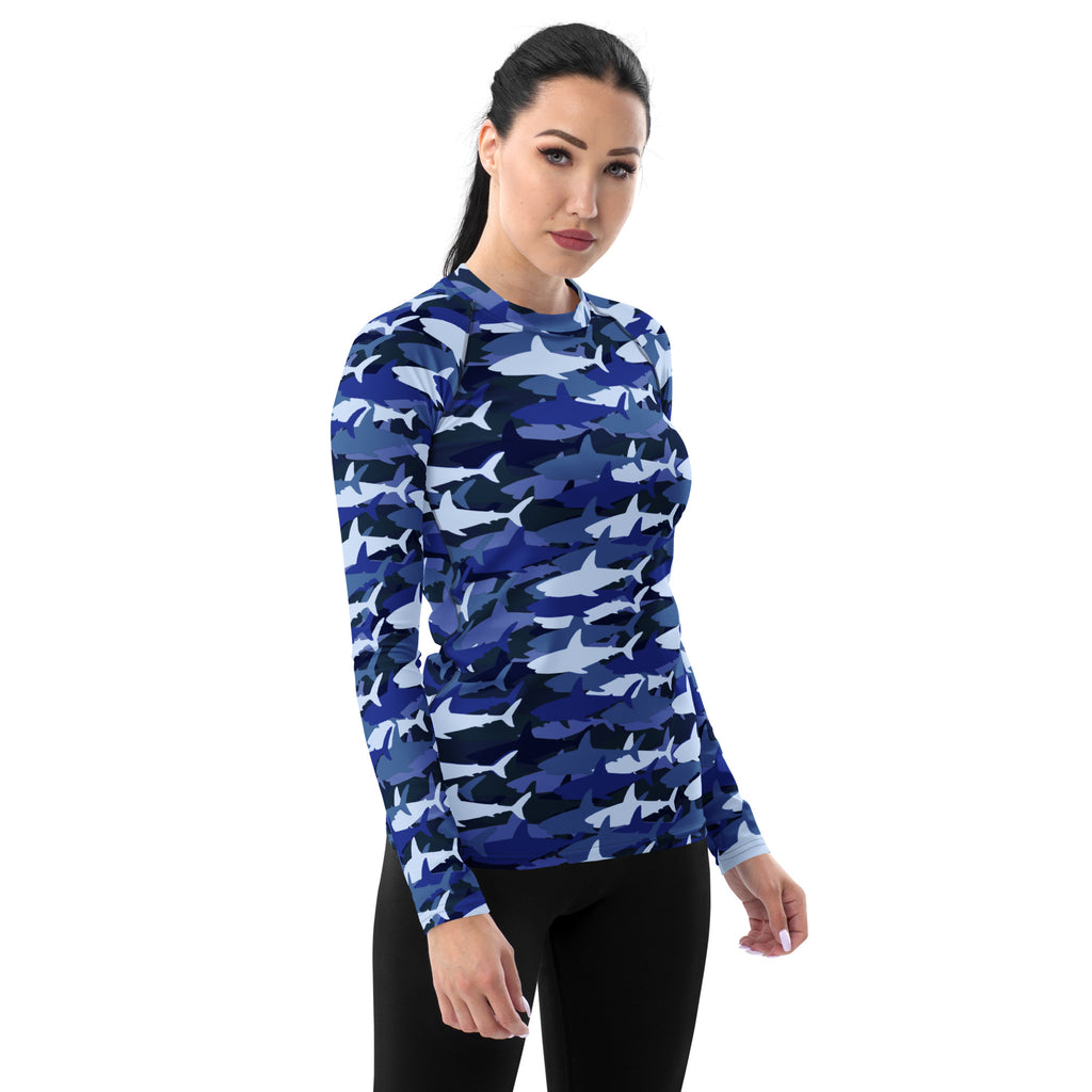 Women's Blue Shark Camouflage Long Sleeve Rash Guard Swim Shirt – Buttery Soft, Sun Safe UPF 50+ Protection, Quick Dry & 4-Way Stretch Comfort