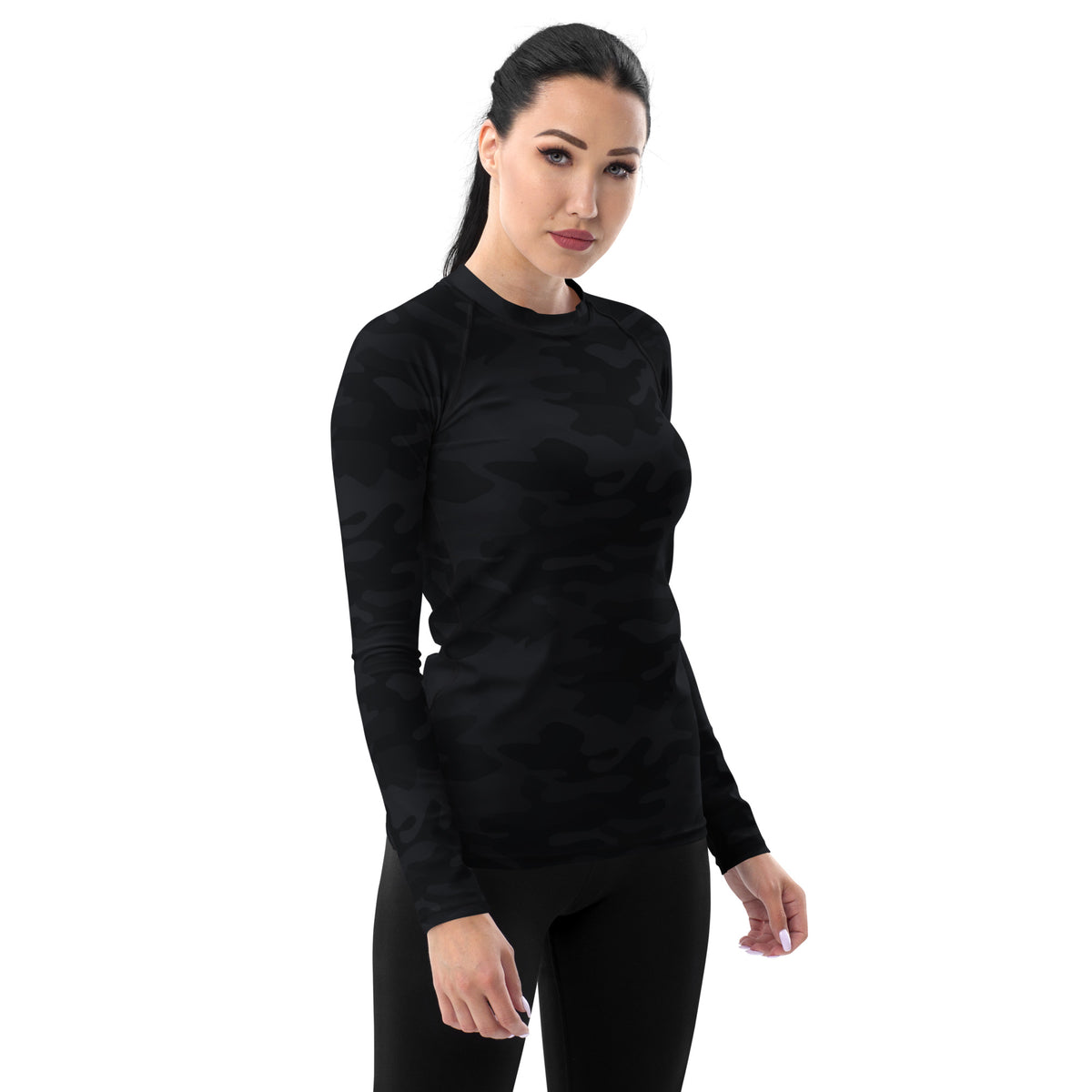 Women's Black Camouflage Long Sleeve Rash Guard Swim Shirt – Buttery Soft, Sun Safe UPF 50+ Protection, Quick Dry & 4-Way Stretch Comfort
