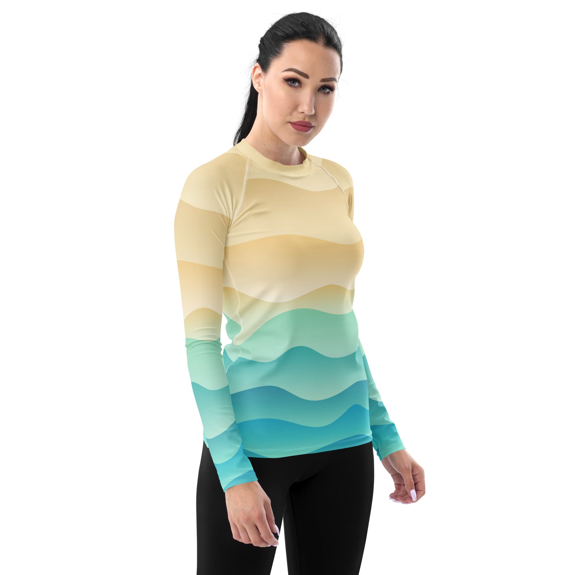 Women's Sand & Ocean Waves Long Sleeve Rash Guard Swim Shirt – Buttery Soft, Sun Safe UPF 50+ Protection, Quick Dry & 4-Way Stretch Comfort