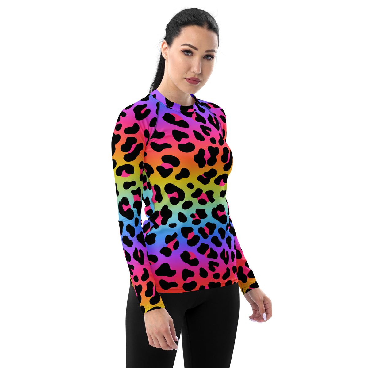Women's Rainbow Leopard Long Sleeve Rash Guard Swim Shirt – Buttery Soft, Sun Safe UPF 50+ Protection, Quick Dry & 4-Way Stretch Comfort