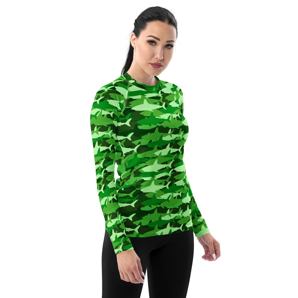 Women's Green Shark Camouflage Long Sleeve Rash Guard Swim Shirt – Buttery Soft, Sun Safe UPF 50+ Protection, Quick Dry & 4-Way Stretch Comfort