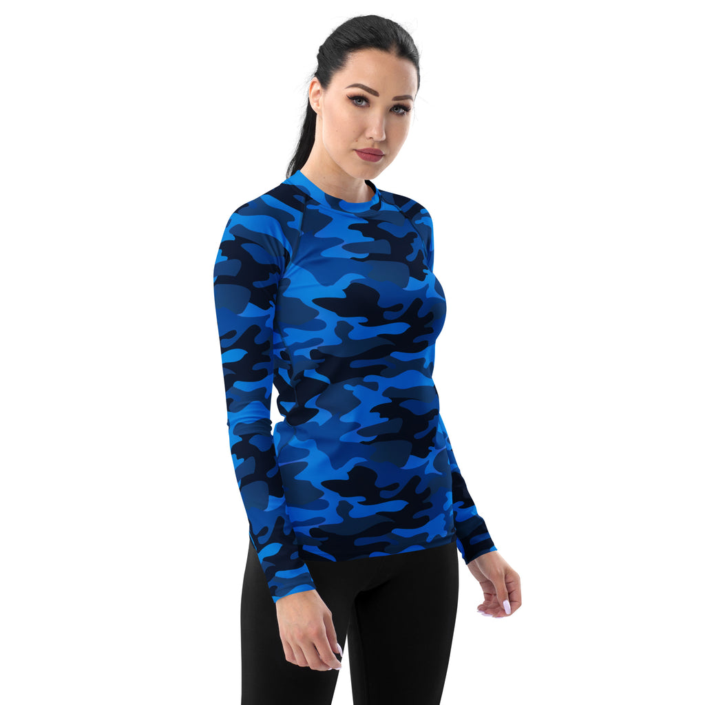 Women's Blue Camouflage Long Sleeve Rash Guard Swim Shirt – Buttery Soft, Sun Safe UPF 50+ Protection, Quick Dry & 4-Way Stretch Comfort