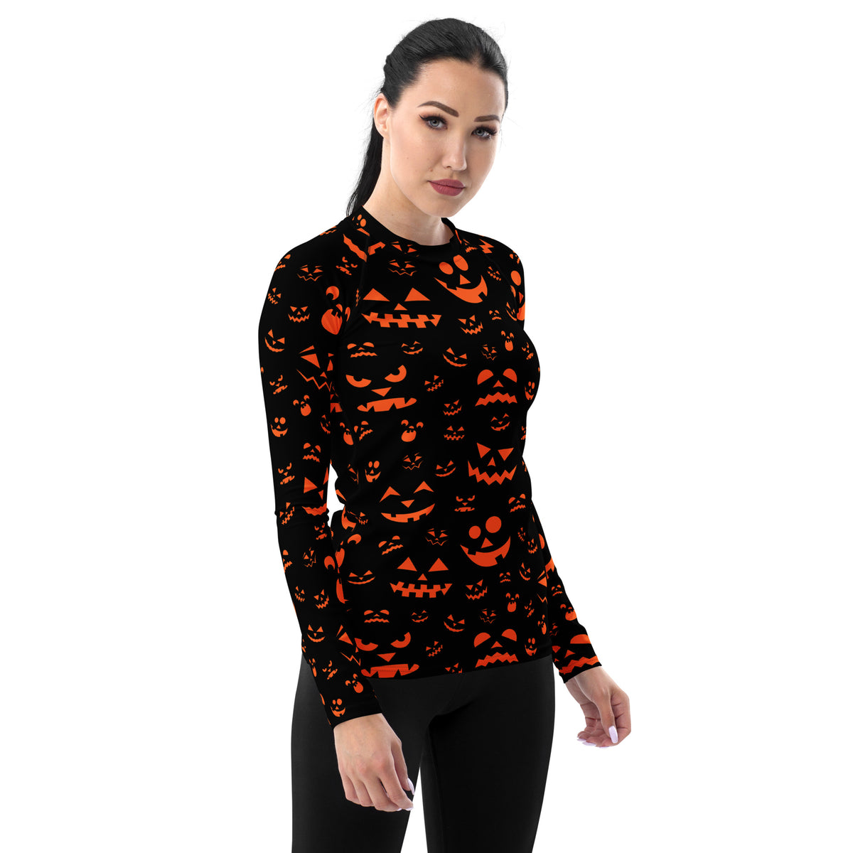 Women's Orange Jack O’ Lantern Long Sleeve Rash Guard Swim Shirt – Buttery Soft, Sun Safe UPF 50+ Protection, Quick Dry & 4-Way Stretch Comfort