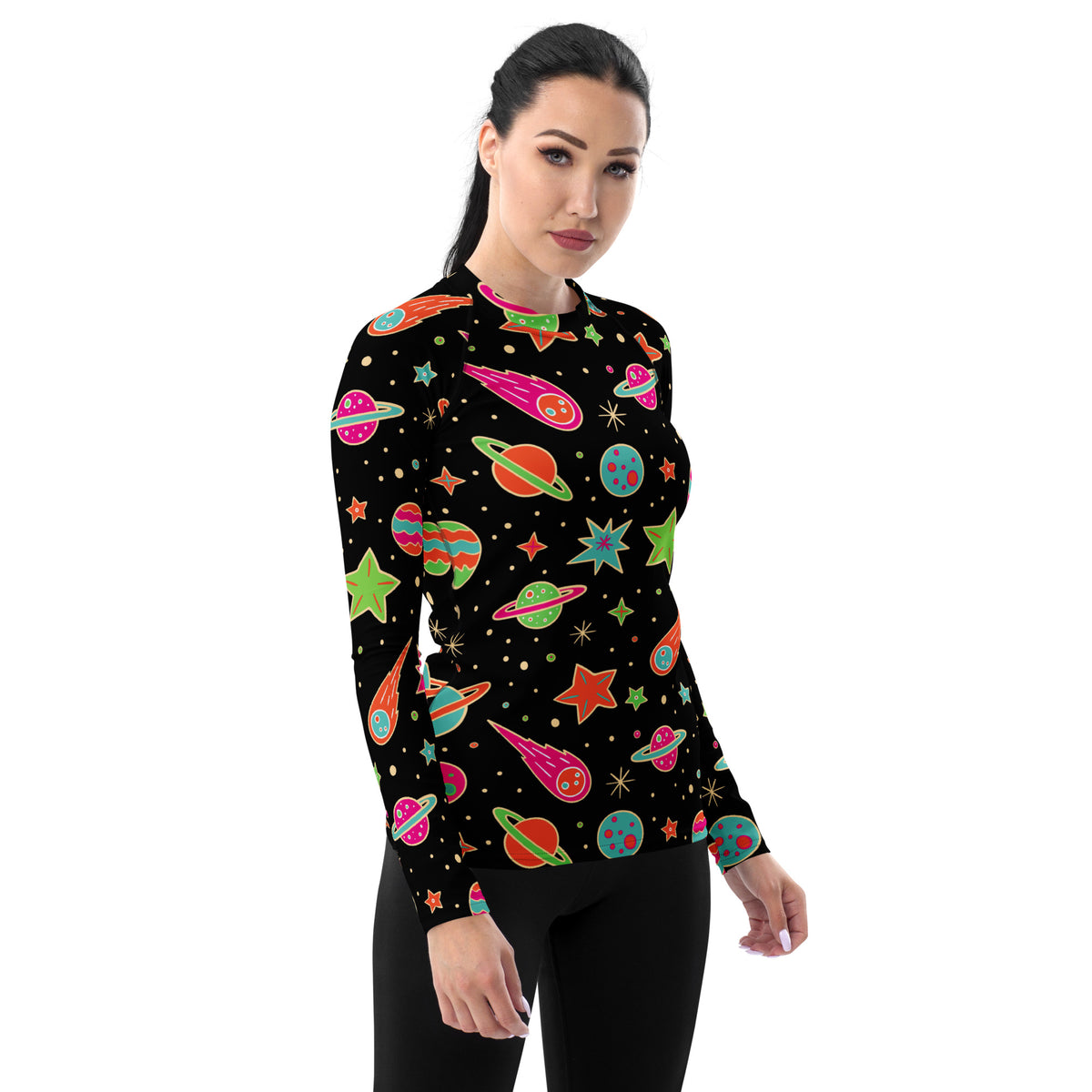 Women's Retro Neon Space Long Sleeve Rash Guard Swim Shirt – Buttery Soft, Sun Safe UPF 50+ Protection, Quick Dry & 4-Way Stretch Comfort