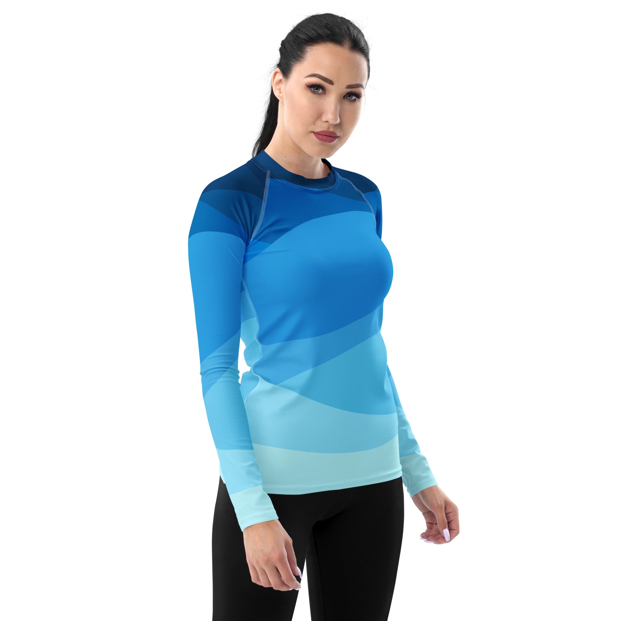 Women's Blue Ocean Waves Long Sleeve Rash Guard Swim Shirt – Buttery Soft, Sun Safe UPF 50+ Protection, Quick Dry & 4-Way Stretch Comfort