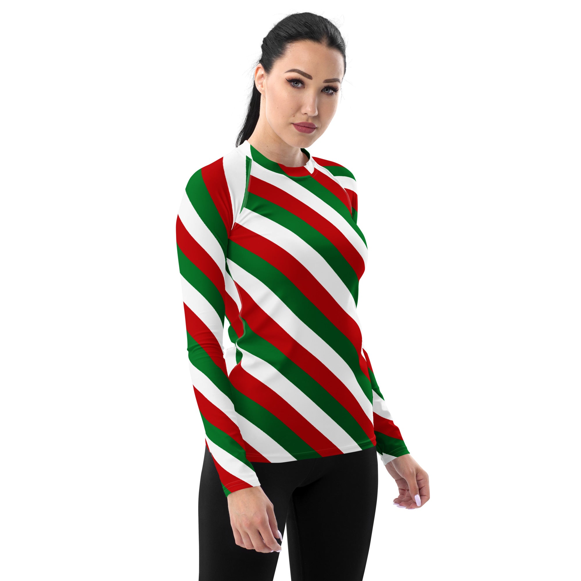 Women's Christmas Candy Cane Stripe Long Sleeve Rash Guard Swim Shirt – Buttery Soft, Sun Safe UPF 50+ Protection, Quick Dry & 4-Way Stretch Comfort