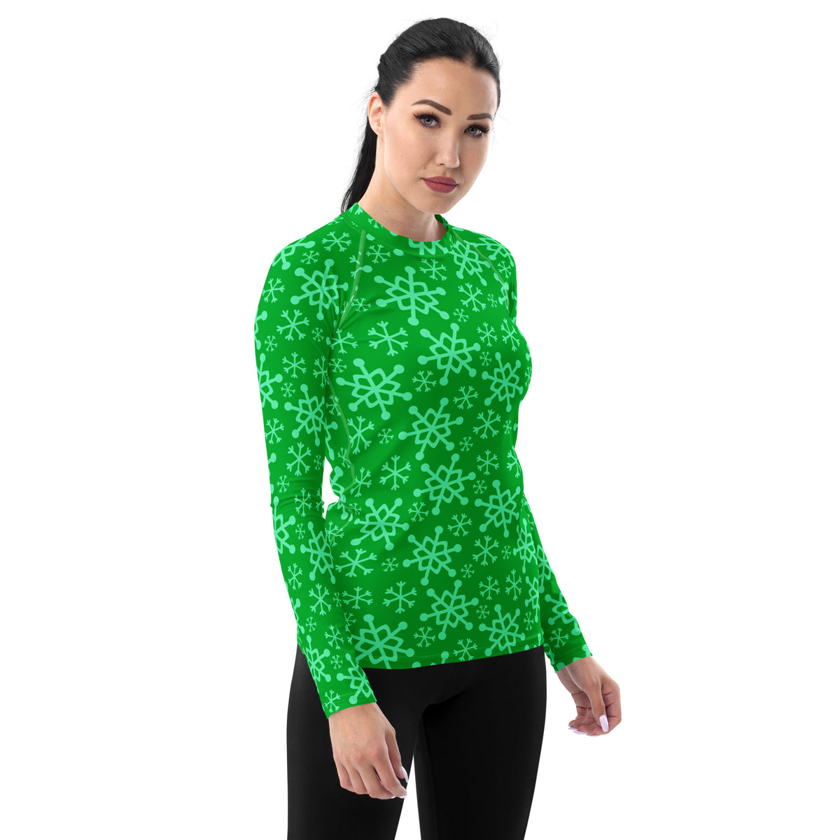 Women's Green Christmas Snowflake Long Sleeve Rash Guard Swim Shirt – Buttery Soft, Sun Safe UPF 50+ Protection, Quick Dry & 4-Way Stretch Comfort