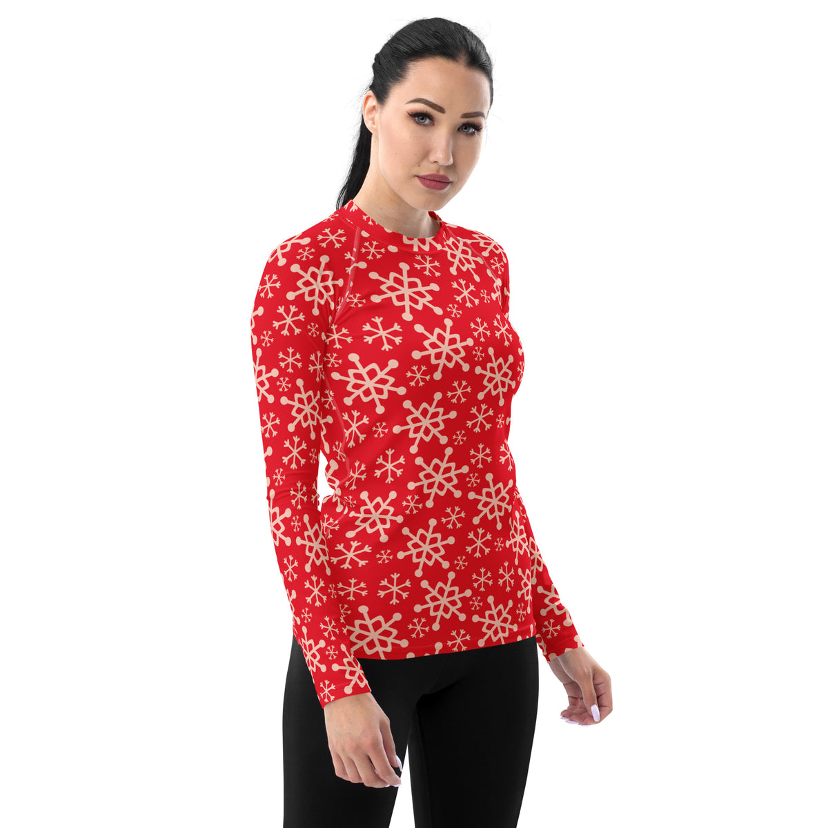 Women's Red Christmas Snowflake Long Sleeve Rash Guard Swim Shirt – Buttery Soft, Sun Safe UPF 50+ Protection, Quick Dry & 4-Way Stretch Comfort