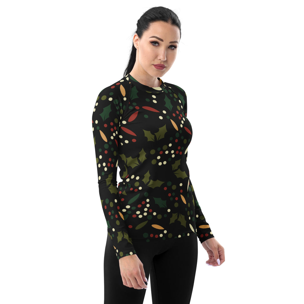 Women's Christmas Holly Berry Long Sleeve Rash Guard Swim Shirt – Buttery Soft, Sun Safe UPF 50+ Protection, Quick Dry & 4-Way Stretch Comfort