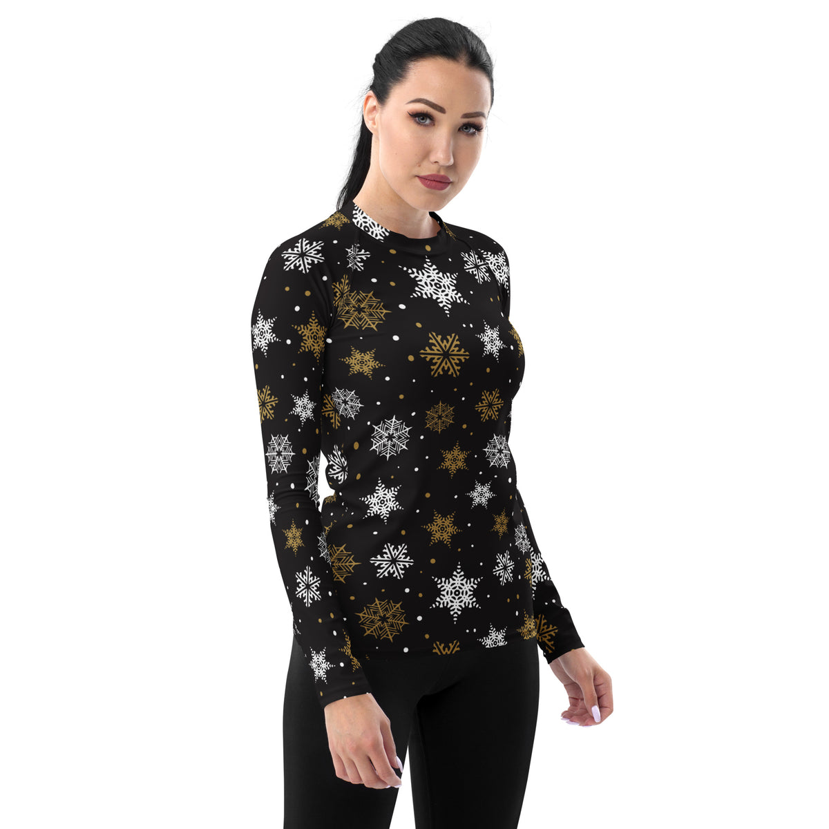 Women's Black & Gold Snowflake Long Sleeve Rash Guard Swim Shirt – Buttery Soft, Sun Safe UPF 50+ Protection, Quick Dry & 4-Way Stretch Comfort