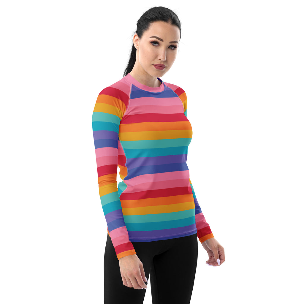 Women's Bright Striped Rainbow Long Sleeve Rash Guard Swim Shirt – Buttery Soft, Sun Safe UPF 50+ Protection, Quick Dry & 4-Way Stretch Comfort