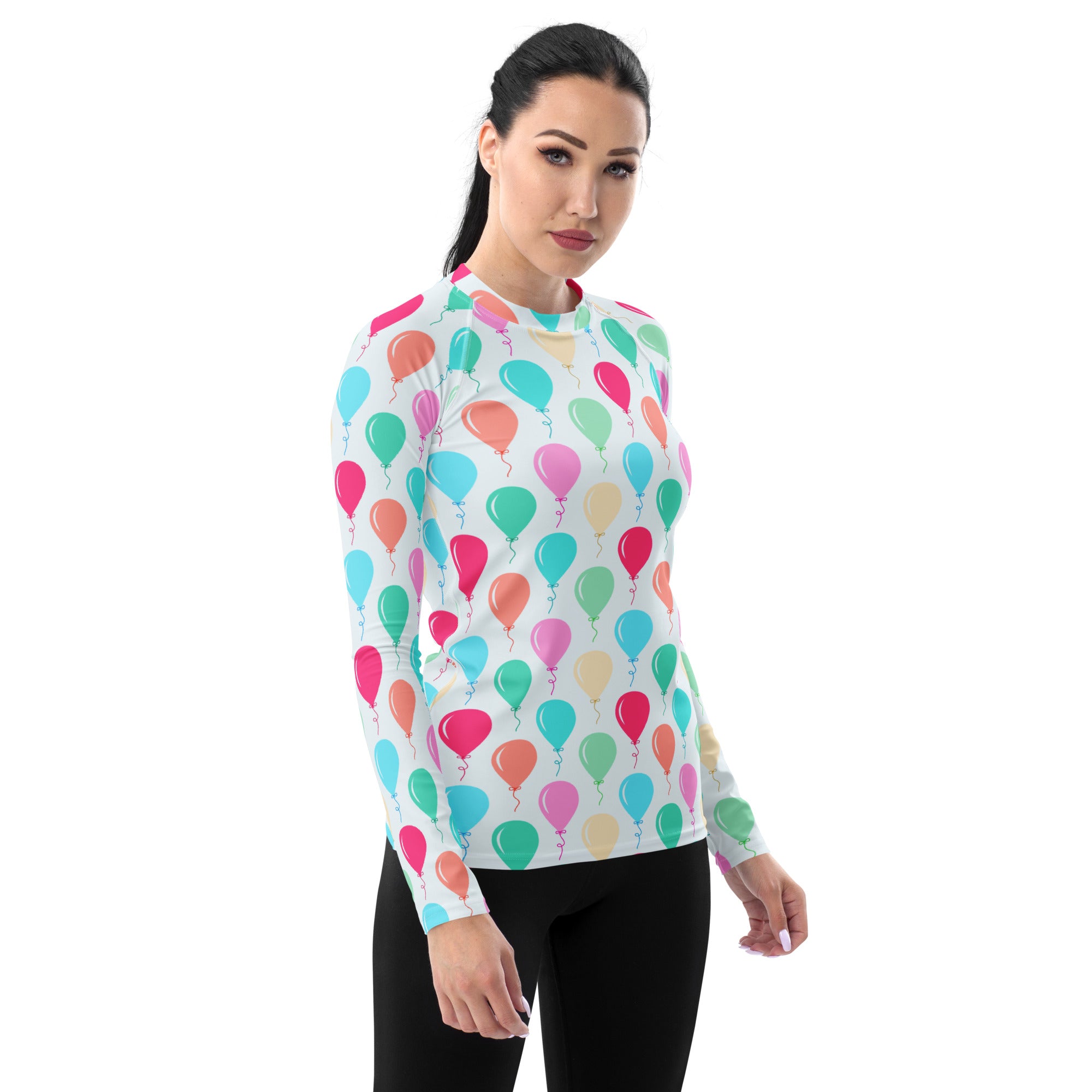 Women's Rainbow Birthday Balloons Long Sleeve Rash Guard Swim Shirt – Buttery Soft, Sun Safe UPF 50+ Protection, Quick Dry & 4-Way Stretch Comfort