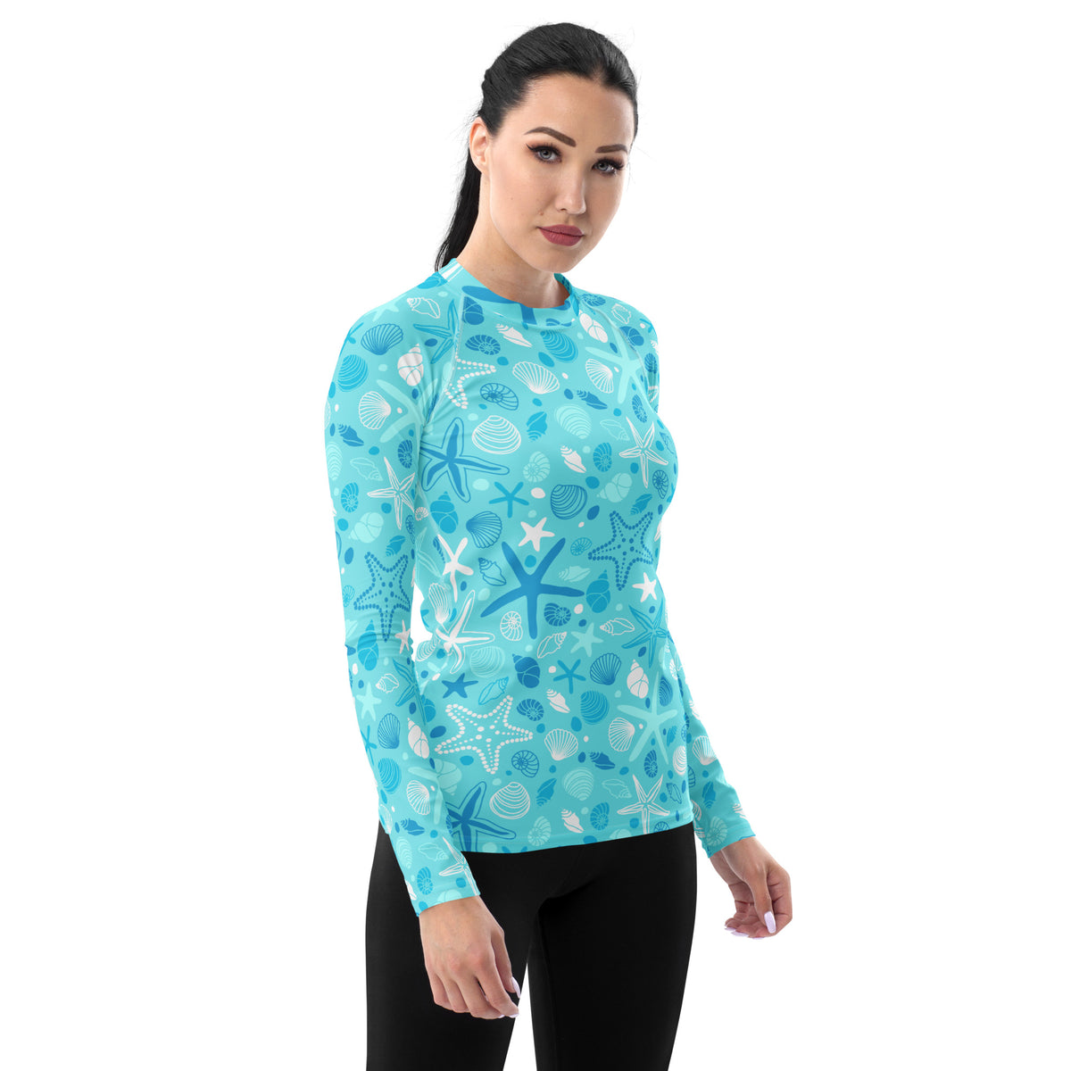 Women's Starfish & Shells Long Sleeve Rash Guard Swim Shirt – Buttery Soft, Sun Safe UPF 50+ Protection, Quick Dry & 4-Way Stretch Comfort