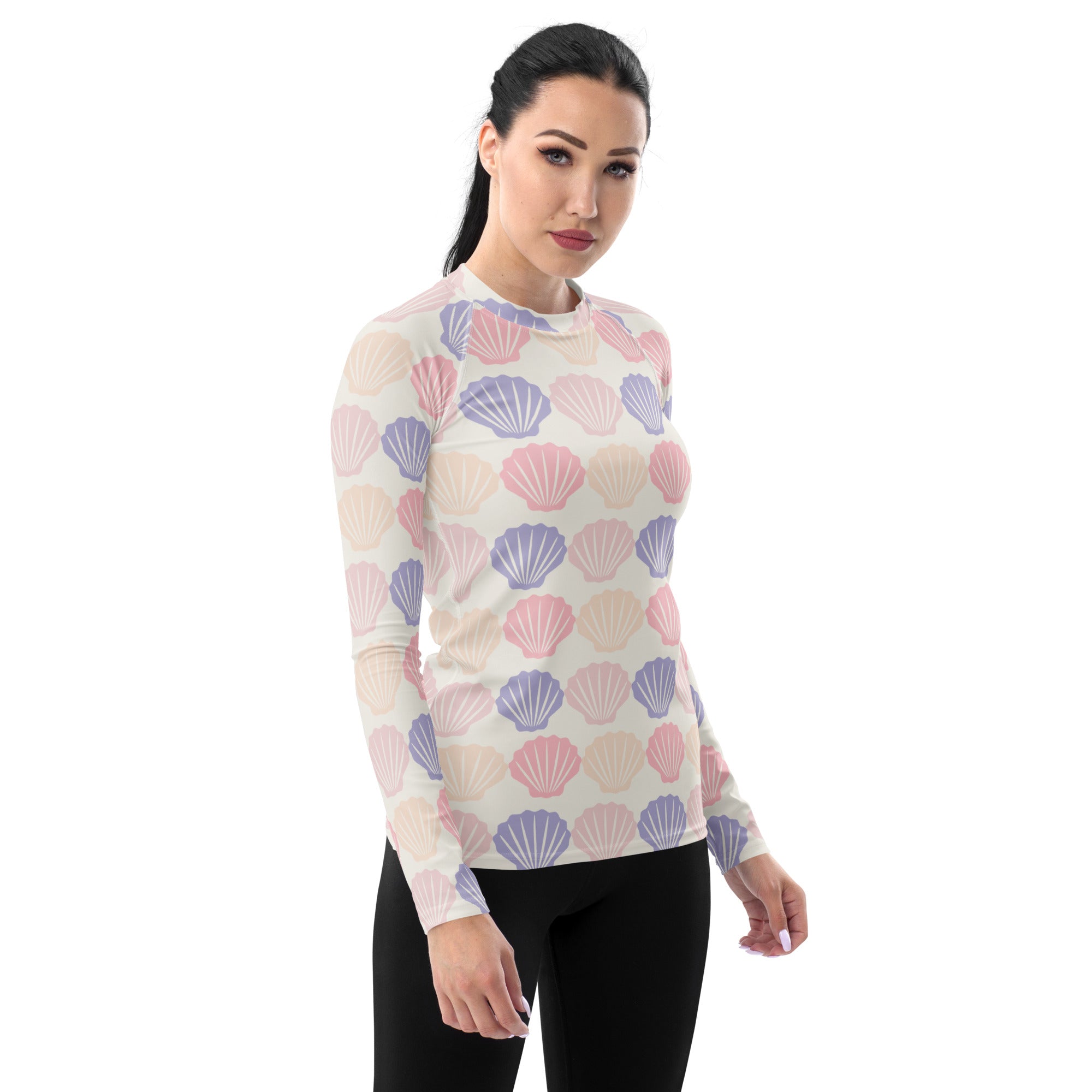 Women's Pastel Seashell Long Sleeve Rash Guard Swim Shirt – Buttery Soft, Sun Safe UPF 50+ Protection, Quick Dry & 4-Way Stretch Comfort