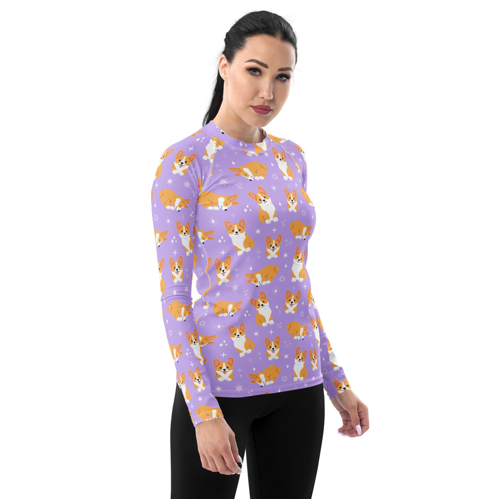 Women's Purple Corgi Dog Long Sleeve Rash Guard Swim Shirt – Buttery Soft, Sun Safe UPF 50+ Protection, Quick Dry & 4-Way Stretch Comfort
