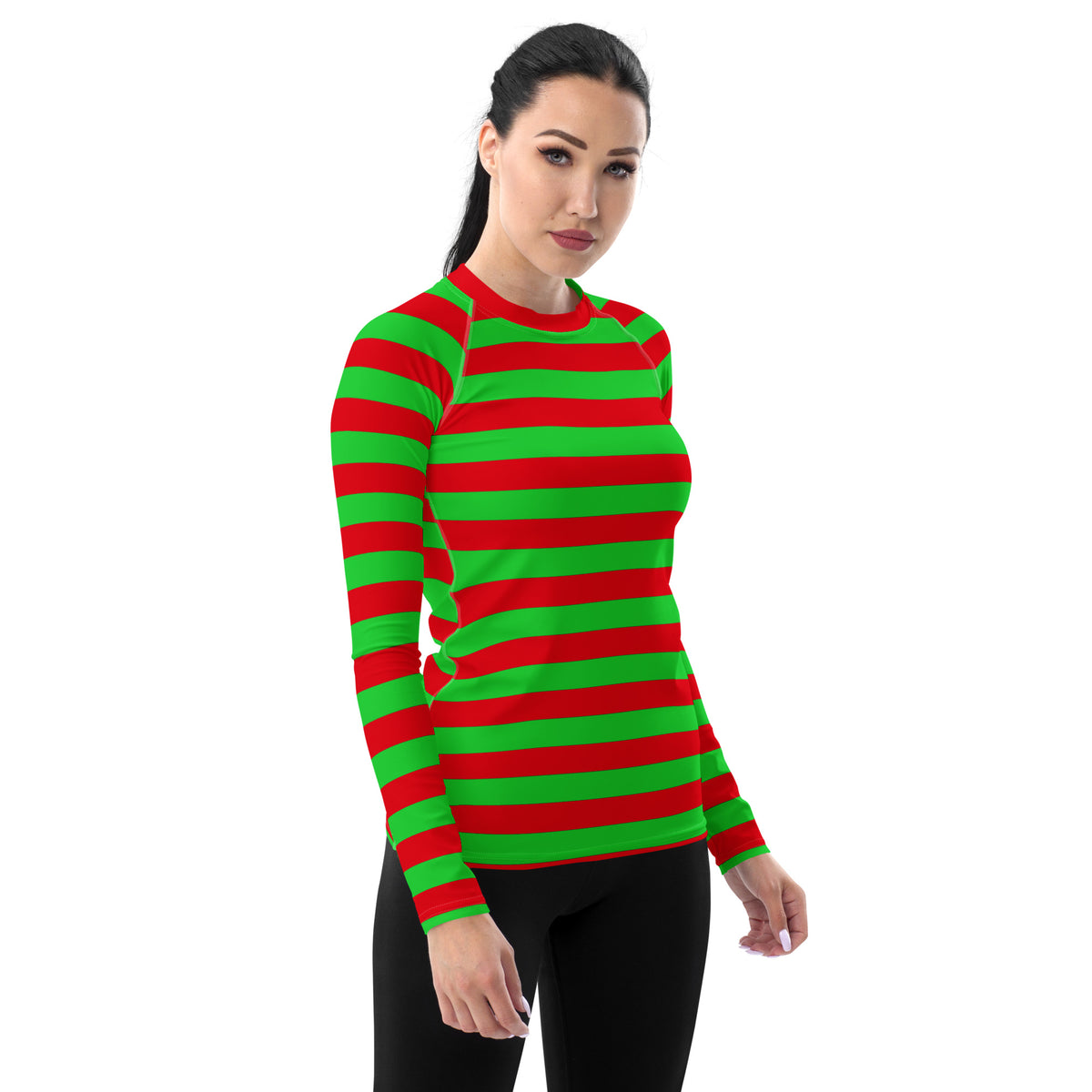 Women's Red & Green Striped Christmas Long Sleeve Rash Guard Swim Shirt – Buttery Soft, Sun Safe UPF 50+ Protection, Quick Dry & 4-Way Stretch Comfort