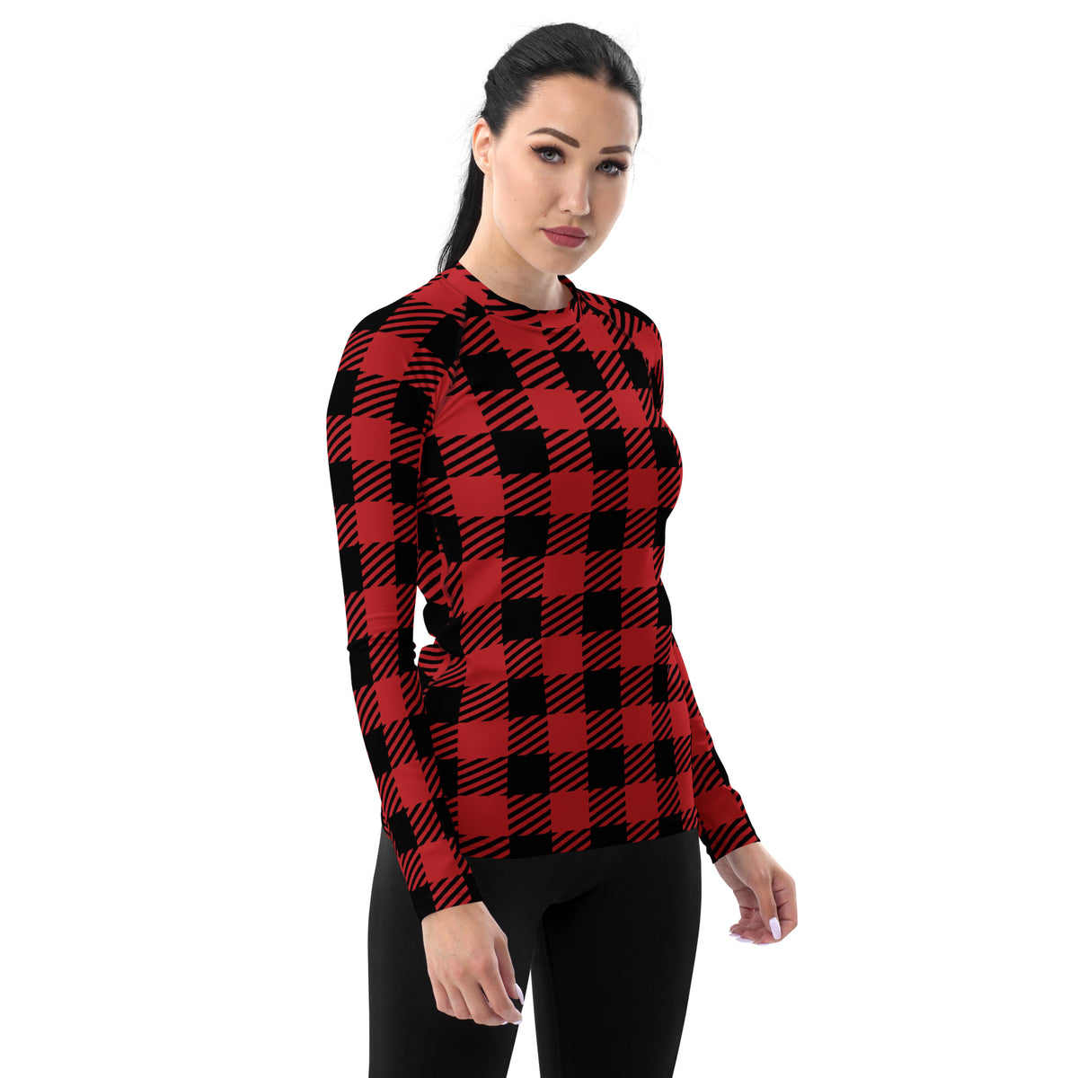 Women's Red & Black Buffalo Plaid Christmas Long Sleeve Rash Guard Swim Shirt – Buttery Soft, Sun Safe UPF 50+ Protection, Quick Dry & 4-Way Stretch Comfort
