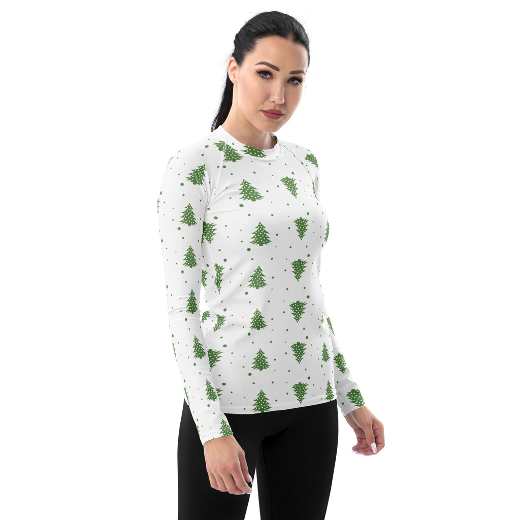 Women's Green Christmas Tree Long Sleeve Rash Guard Swim Shirt – Buttery Soft, Sun Safe UPF 50+ Protection, Quick Dry & 4-Way Stretch Comfort