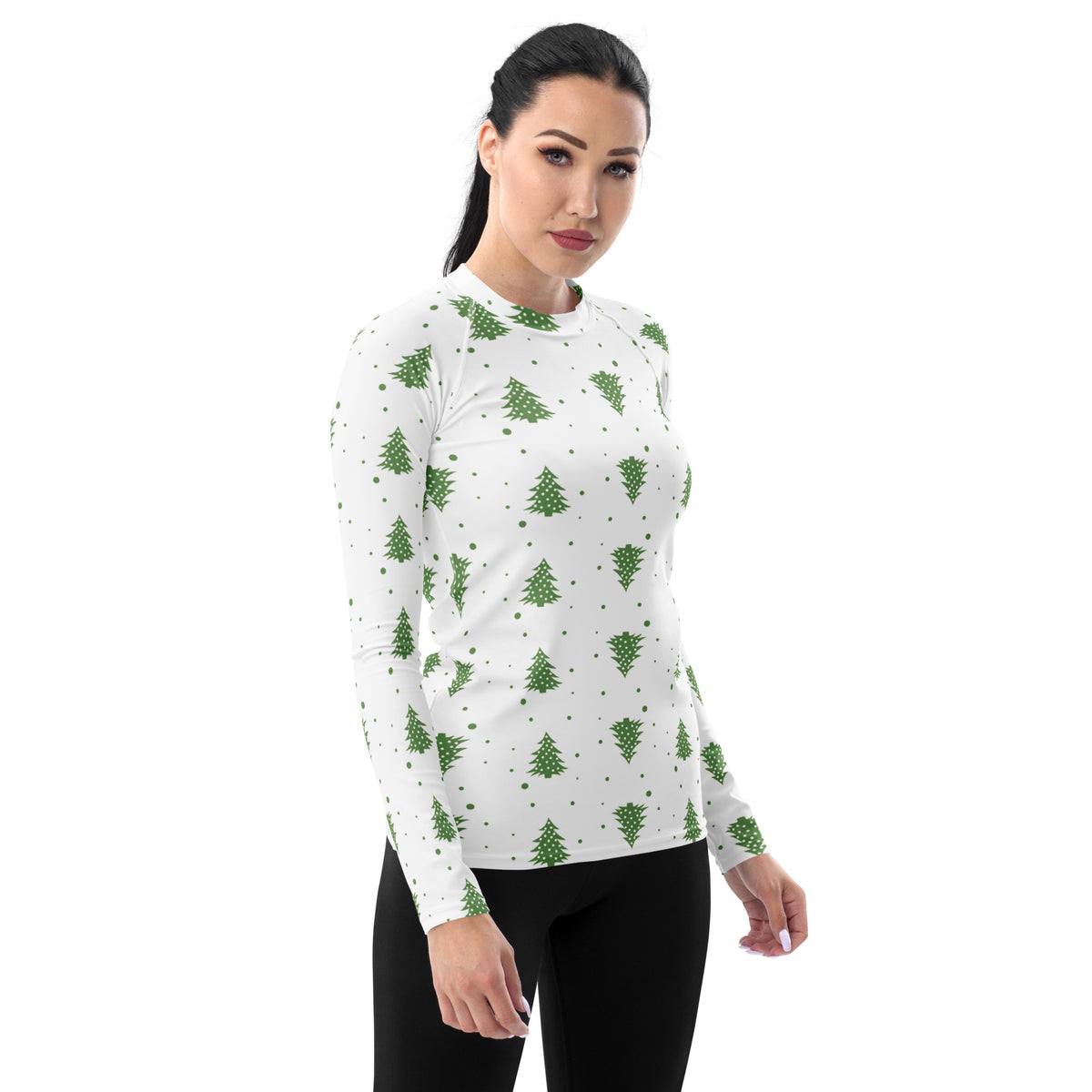 Women's Green Christmas Tree Long Sleeve Rash Guard Swim Shirt – Buttery Soft, Sun Safe UPF 50+ Protection, Quick Dry & 4-Way Stretch Comfort