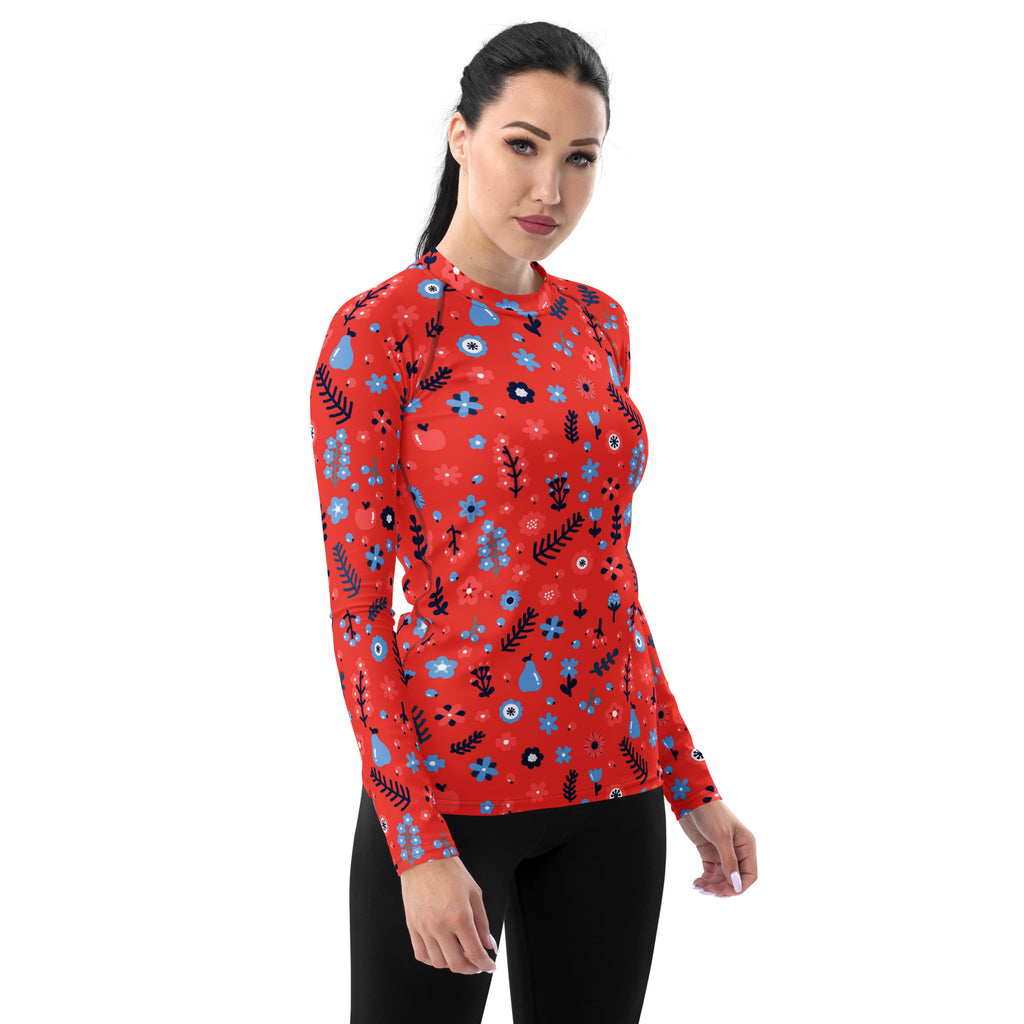 Women's Coral Red Floral Long Sleeve Rash Guard Swim Shirt – Buttery Soft, Sun Safe UPF 50+ Protection, Quick Dry & 4-Way Stretch Comfort