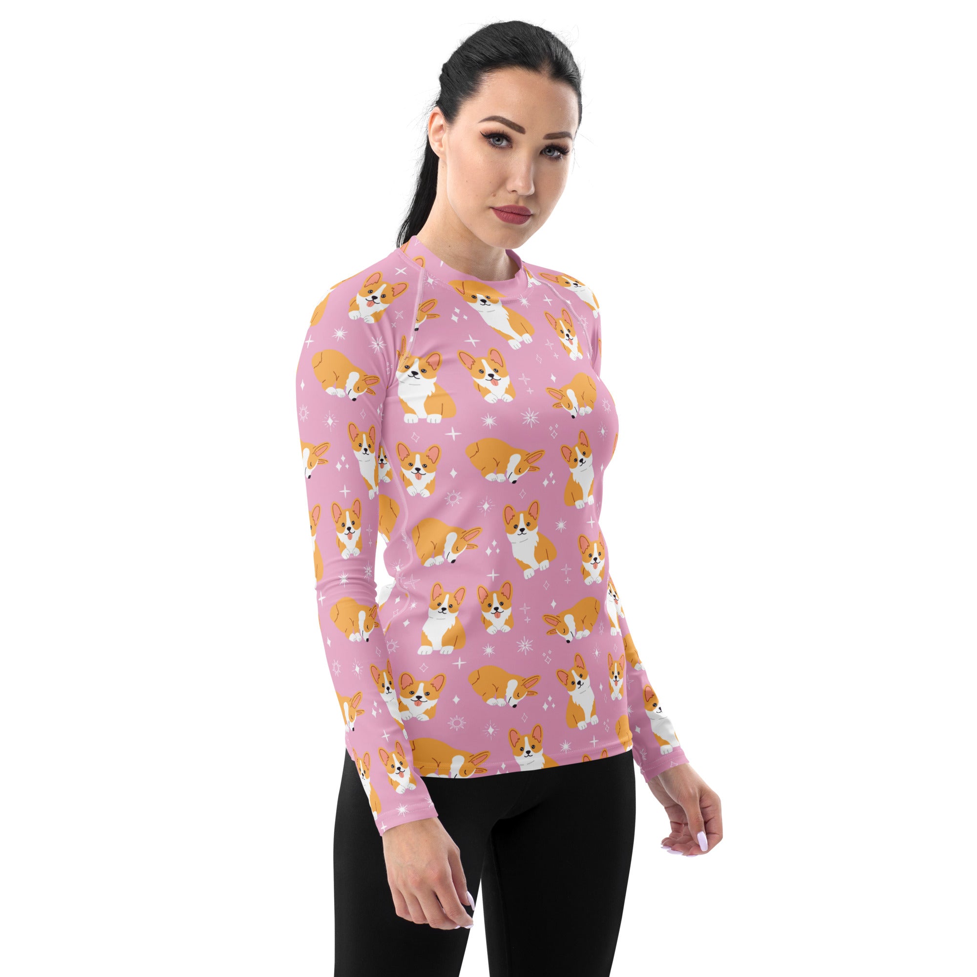 Women's Pink Corgi Dog Long Sleeve Rash Guard Swim Shirt – Buttery Soft, Sun Safe UPF 50+ Protection, Quick Dry & 4-Way Stretch Comfort