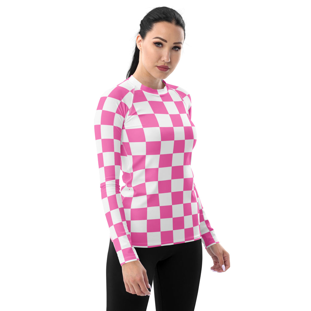 Women's Pink Checkerboard Long Sleeve Rash Guard Swim Shirt – Buttery Soft, Sun Safe UPF 50+ Protection, Quick Dry & 4-Way Stretch Comfort
