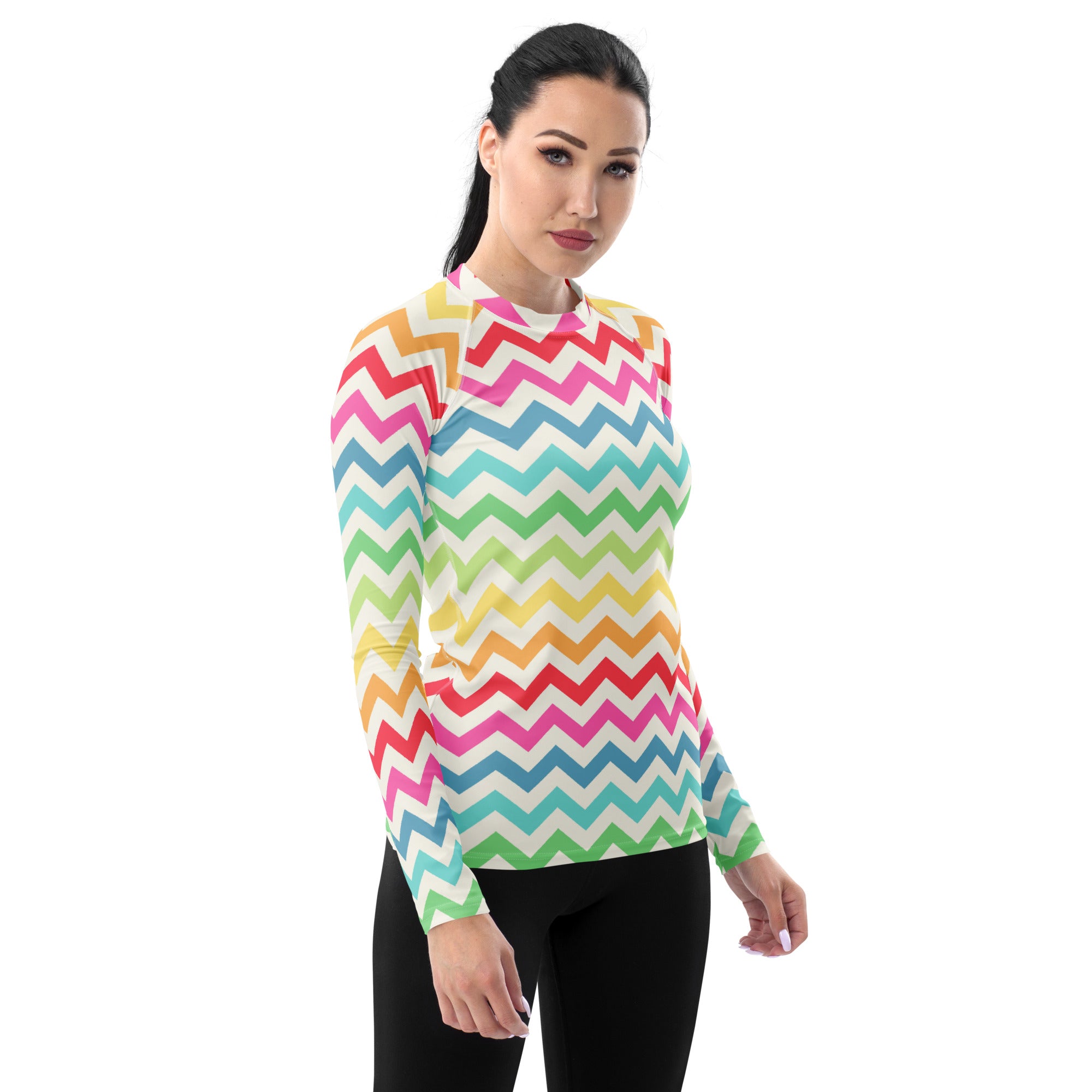 Women's Coastal Rainbow Chevron Long Sleeve Rash Guard Swim Shirt – Buttery Soft, Sun Safe UPF 50+ Protection, Quick Dry & 4-Way Stretch Comfort