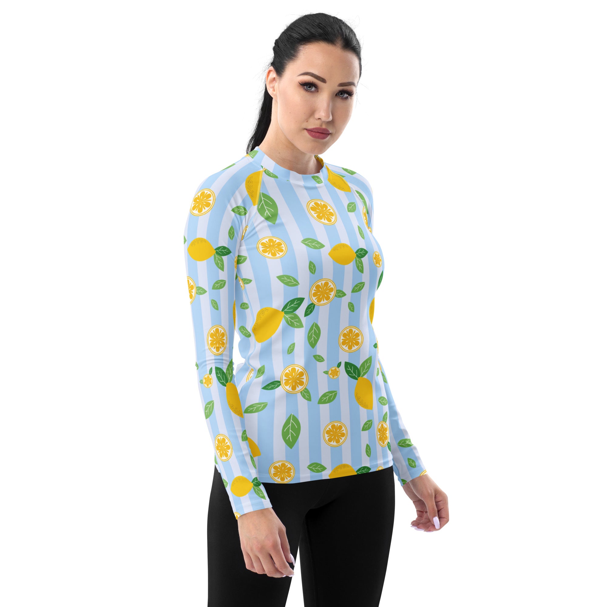 Women's Lemon Stripe Long Sleeve Rash Guard Swim Shirt – Buttery Soft, Sun Safe UPF 50+ Protection, Quick Dry & 4-Way Stretch Comfort