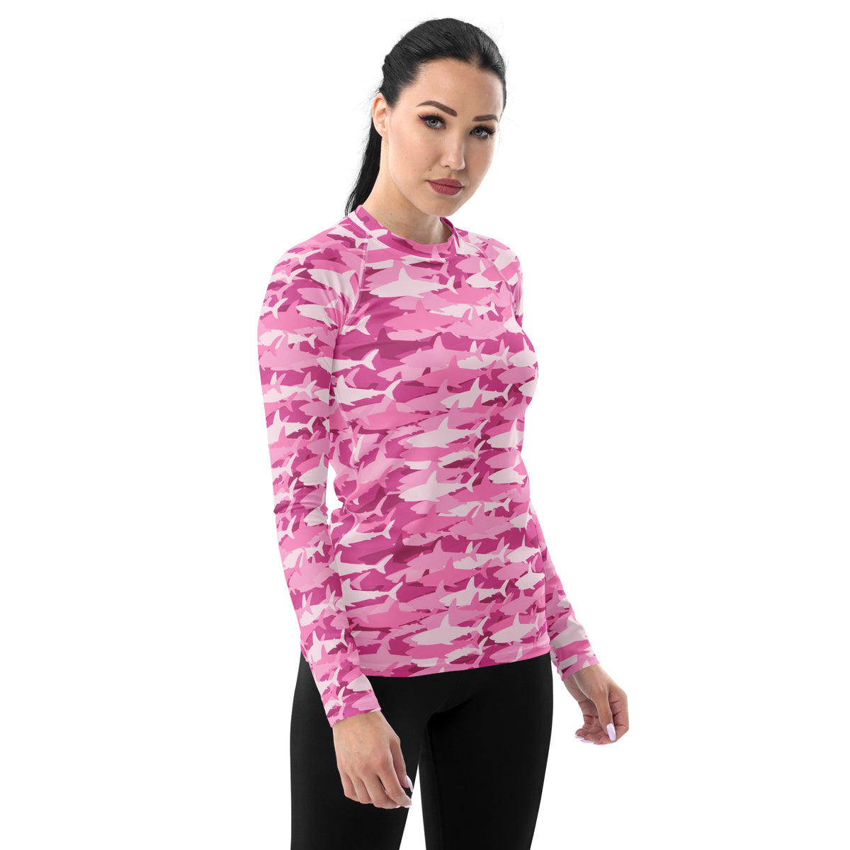 Women's Pink Shark Camouflage Long Sleeve Rash Guard Swim Shirt – Buttery Soft, Sun Safe UPF 50+ Protection, Quick Dry & 4-Way Stretch Comfort