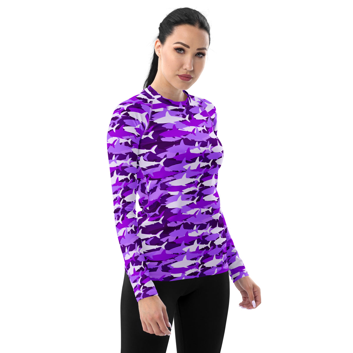 Women's Purple Shark Camouflage Long Sleeve Rash Guard Swim Shirt – Buttery Soft, Sun Safe UPF 50+ Protection, Quick Dry & 4-Way Stretch Comfort