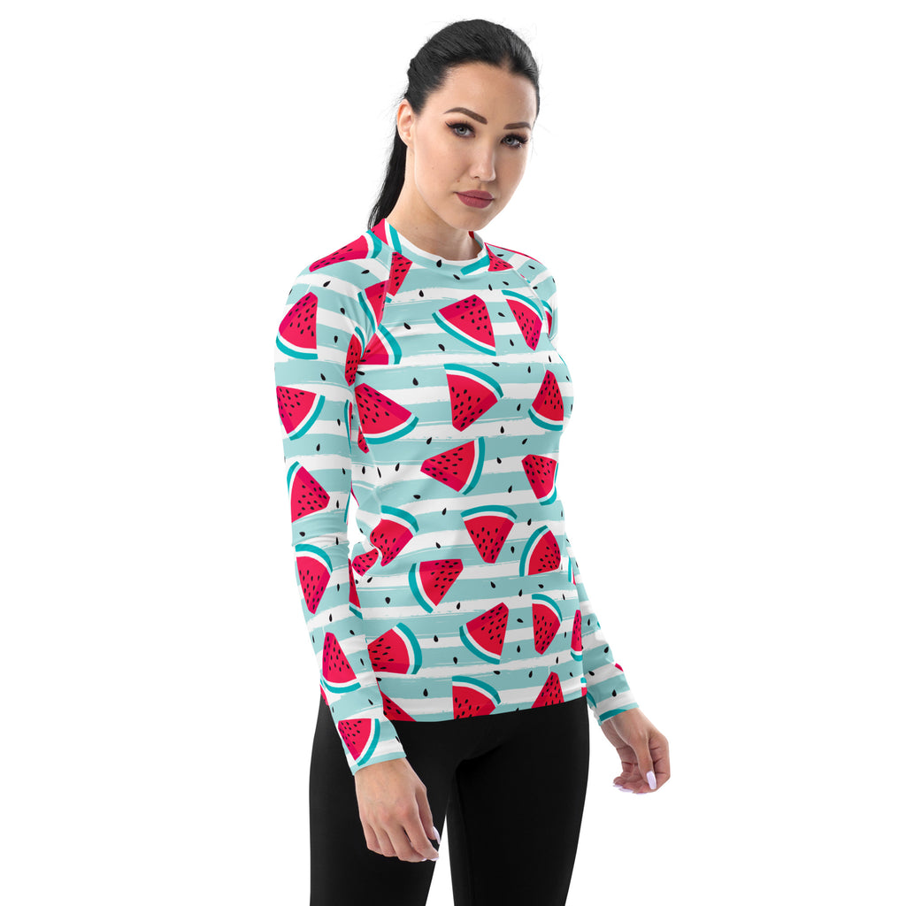 Women's Watermelon Stripe Long Sleeve Rash Guard Swim Shirt – Buttery Soft, Sun Safe UPF 50+ Protection, Quick Dry & 4-Way Stretch Comfort