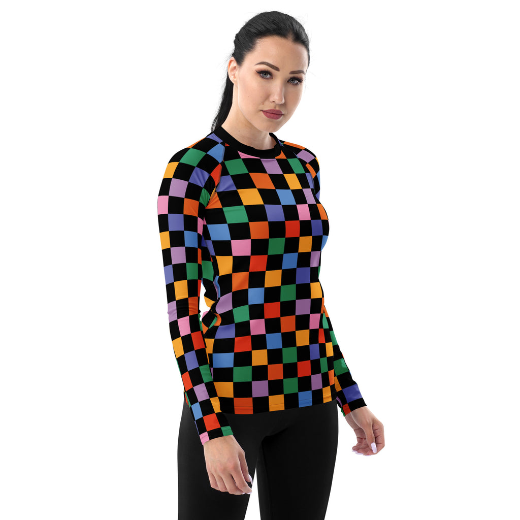 Women's Rainbow Checkered Long Sleeve Rash Guard Swim Shirt – Buttery Soft, Sun Safe UPF 50+ Protection, Quick Dry & 4-Way Stretch Comfort