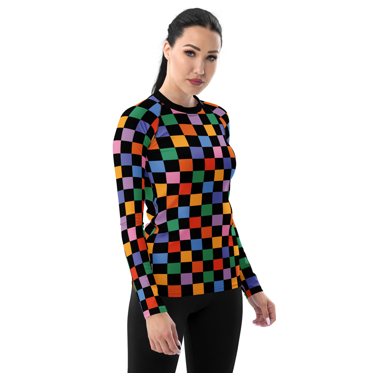 Women's Rainbow Checkered Long Sleeve Rash Guard Swim Shirt – Buttery Soft, Sun Safe UPF 50+ Protection, Quick Dry & 4-Way Stretch Comfort
