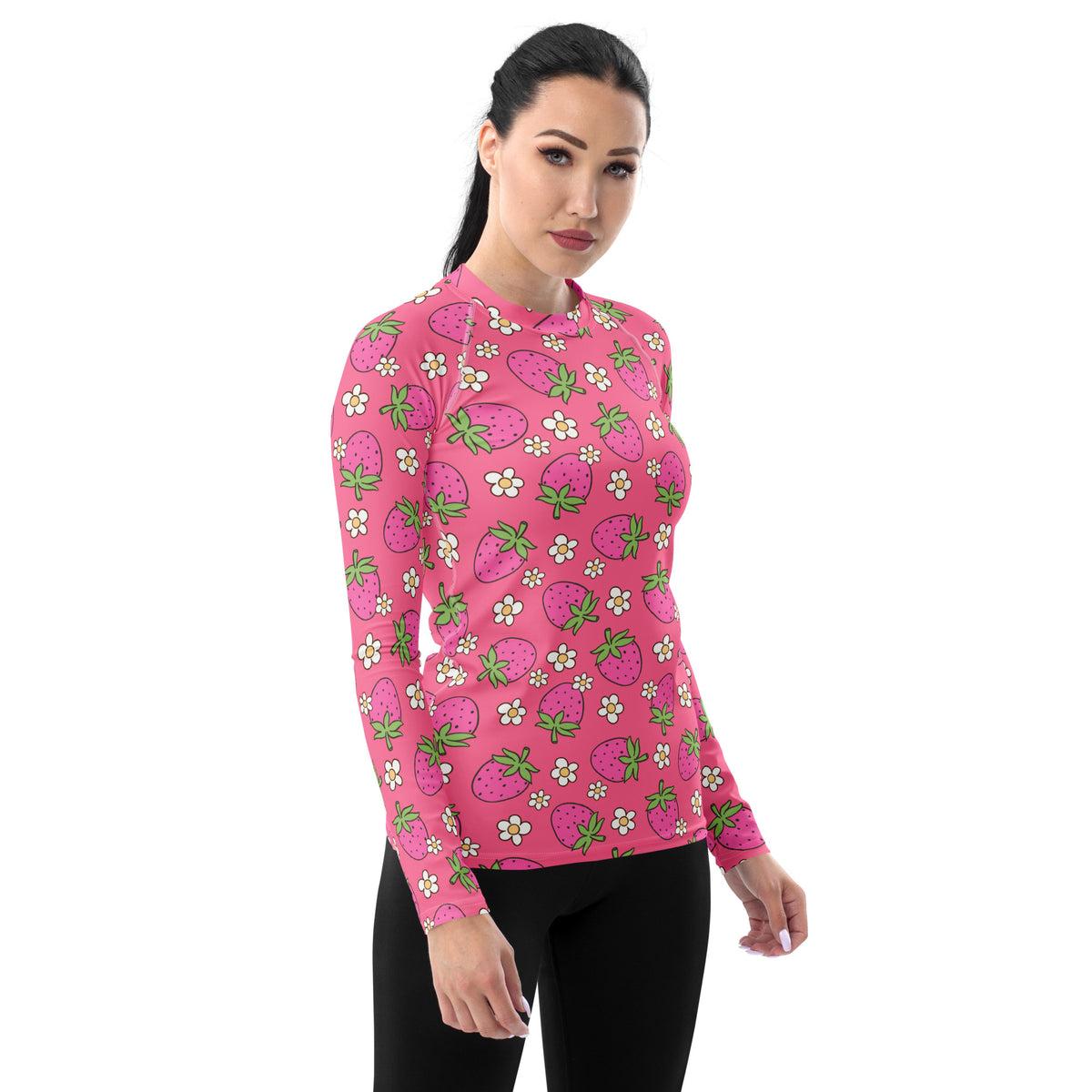 Women's Pink Strawberry Daisy Long Sleeve Rash Guard Swim Shirt – Buttery Soft, Sun Safe UPF 50+ Protection, Quick Dry & 4-Way Stretch Comfort