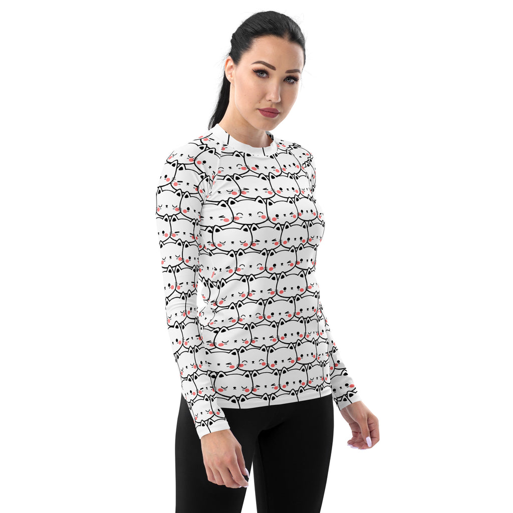 Women's Kawaii Cat Face Long Sleeve Rash Guard Swim Shirt – Buttery Soft, Sun Safe UPF 50+ Protection, Quick Dry & 4-Way Stretch Comfort