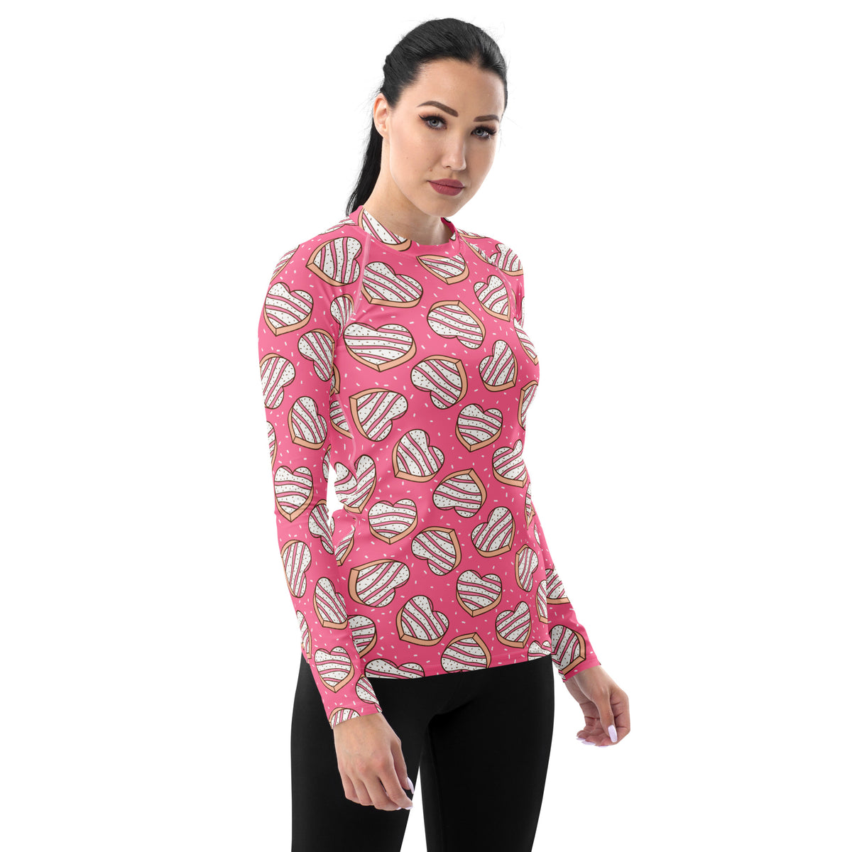 Women's Pink Heart Cookies Long Sleeve Rash Guard Swim Shirt – Buttery Soft, Sun Safe UPF 50+ Protection, Quick Dry & 4-Way Stretch Comfort