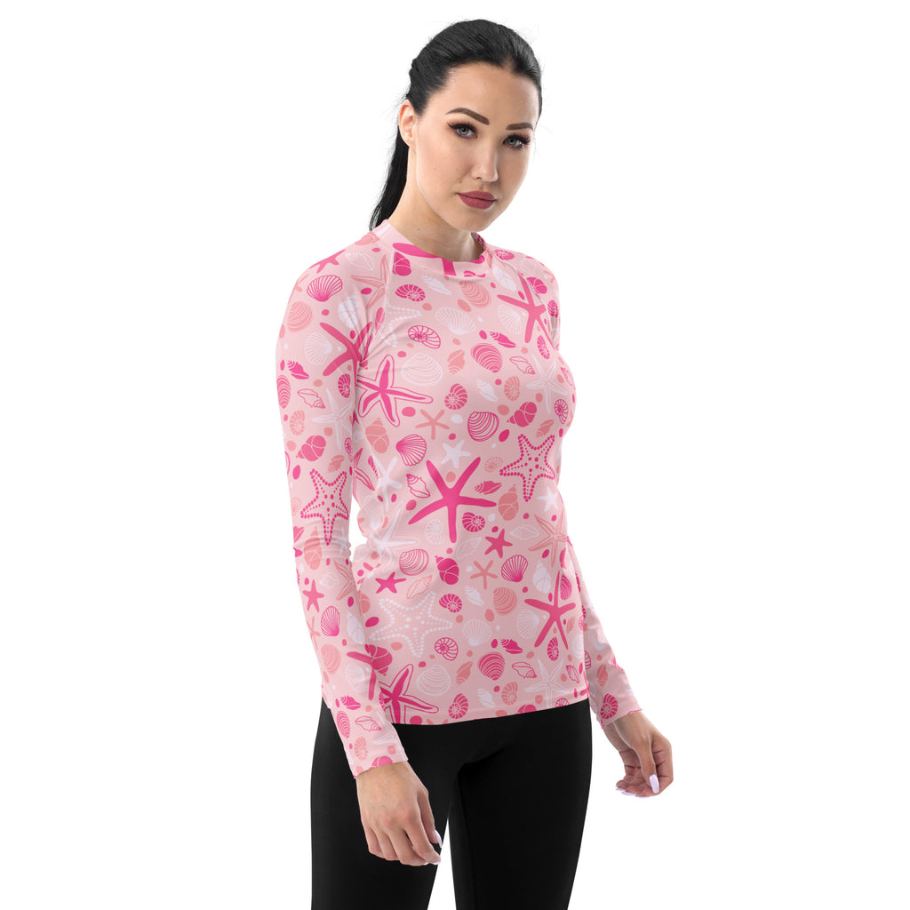 Women's Pink Starfish & Shells Long Sleeve Rash Guard Swim Shirt – Buttery Soft, Sun Safe UPF 50+ Protection, Quick Dry & 4-Way Stretch Comfort